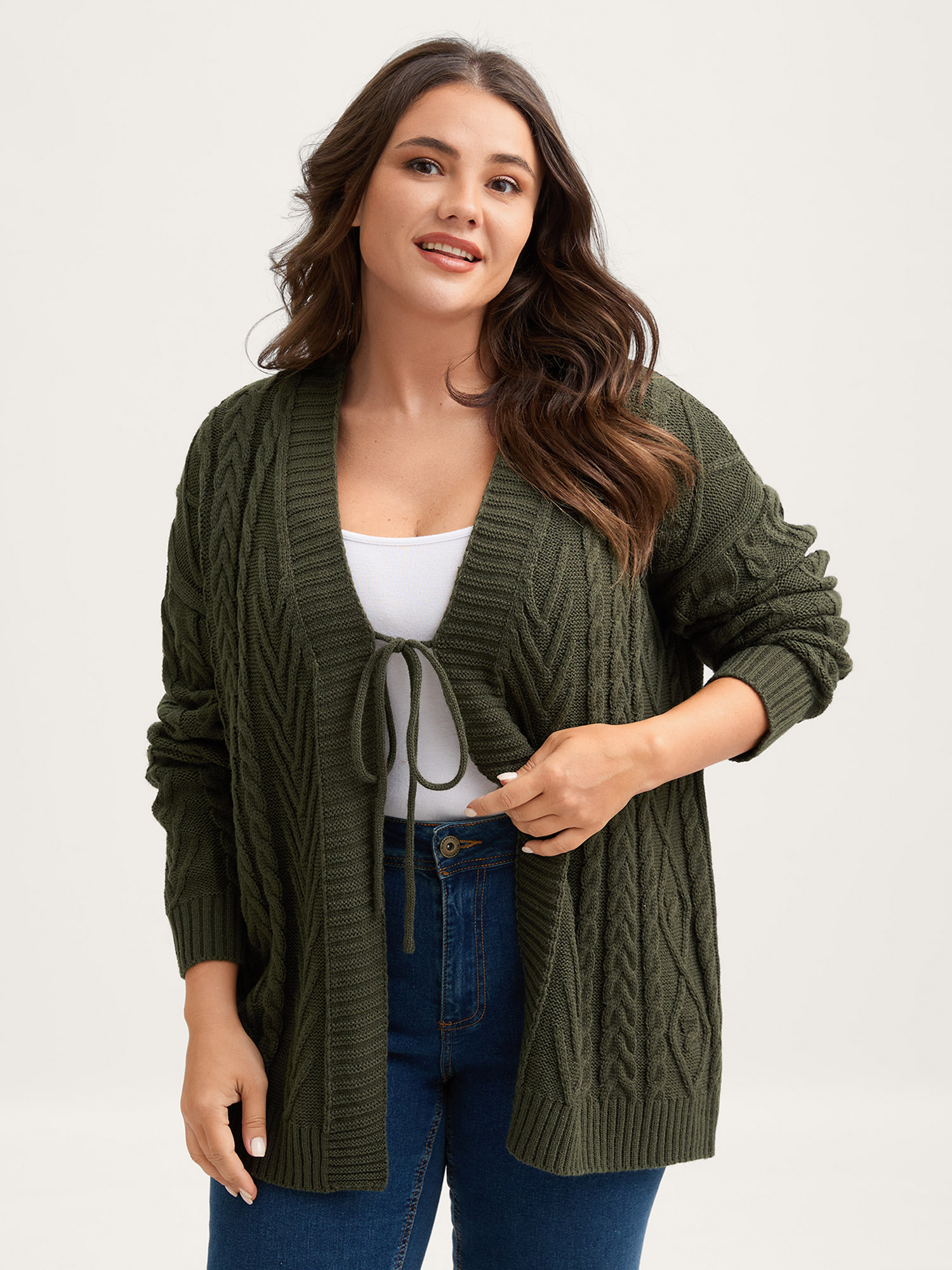 BloomChic Women's Plus Size Textured Front-Tie Ribbed Hem Knit Cardigan ArmyGreen Long Sleeve 28/5X