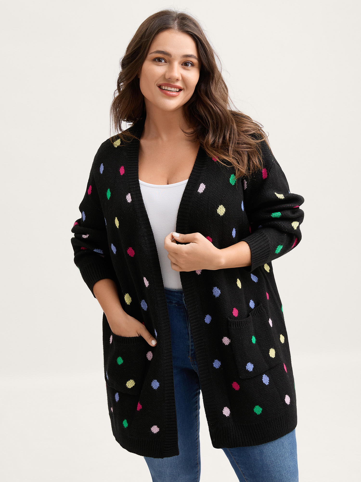 BloomChic Women's Plus Size Colorful Polka Dots Pockets Knit Cardigan Black Long Sleeve 10/M