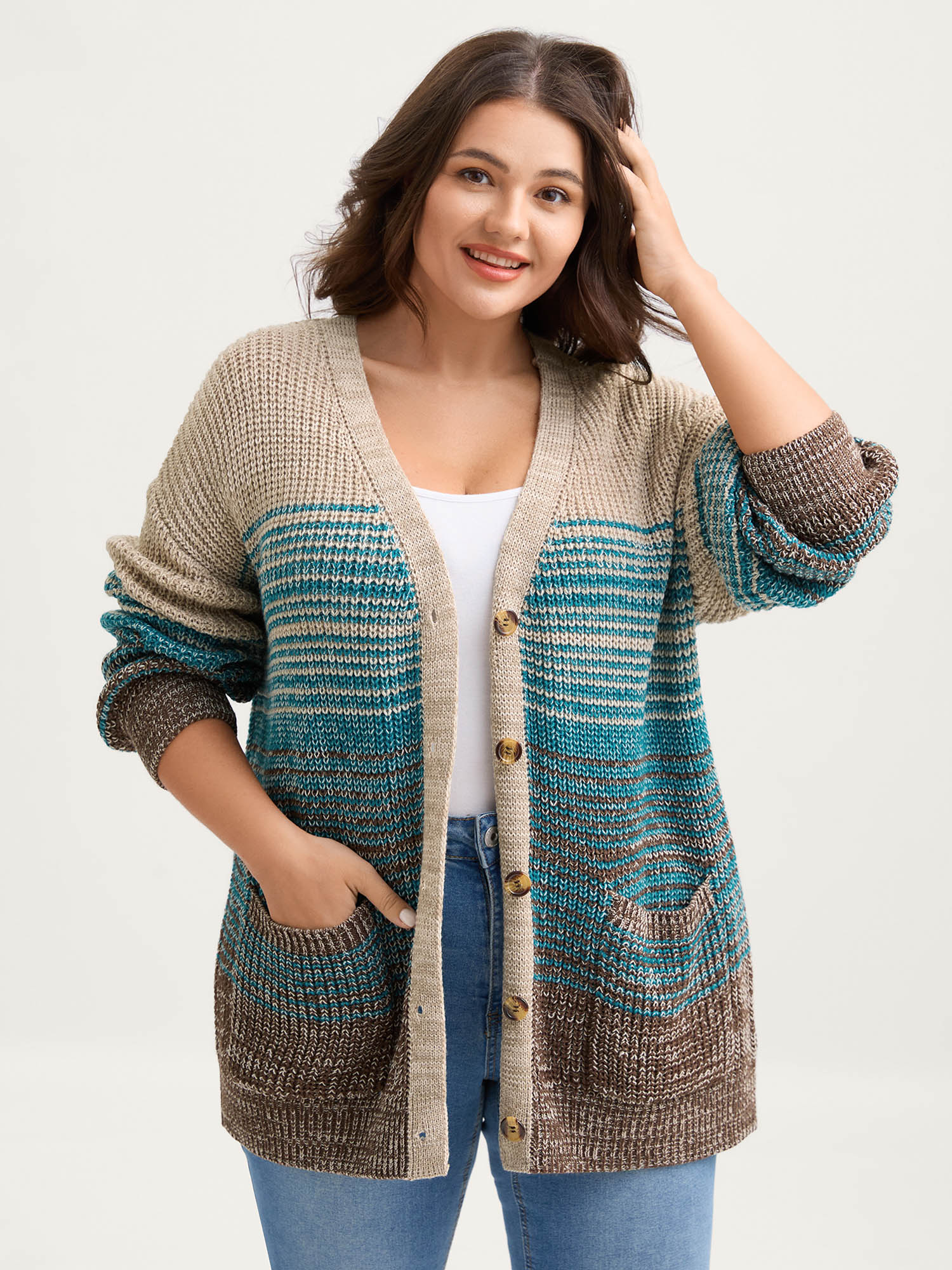 BloomChic Women's Plus Size Colorful Stripes Button Pockets Knit Cardigan Browncoffeecolor Long Sleeve 30/6X