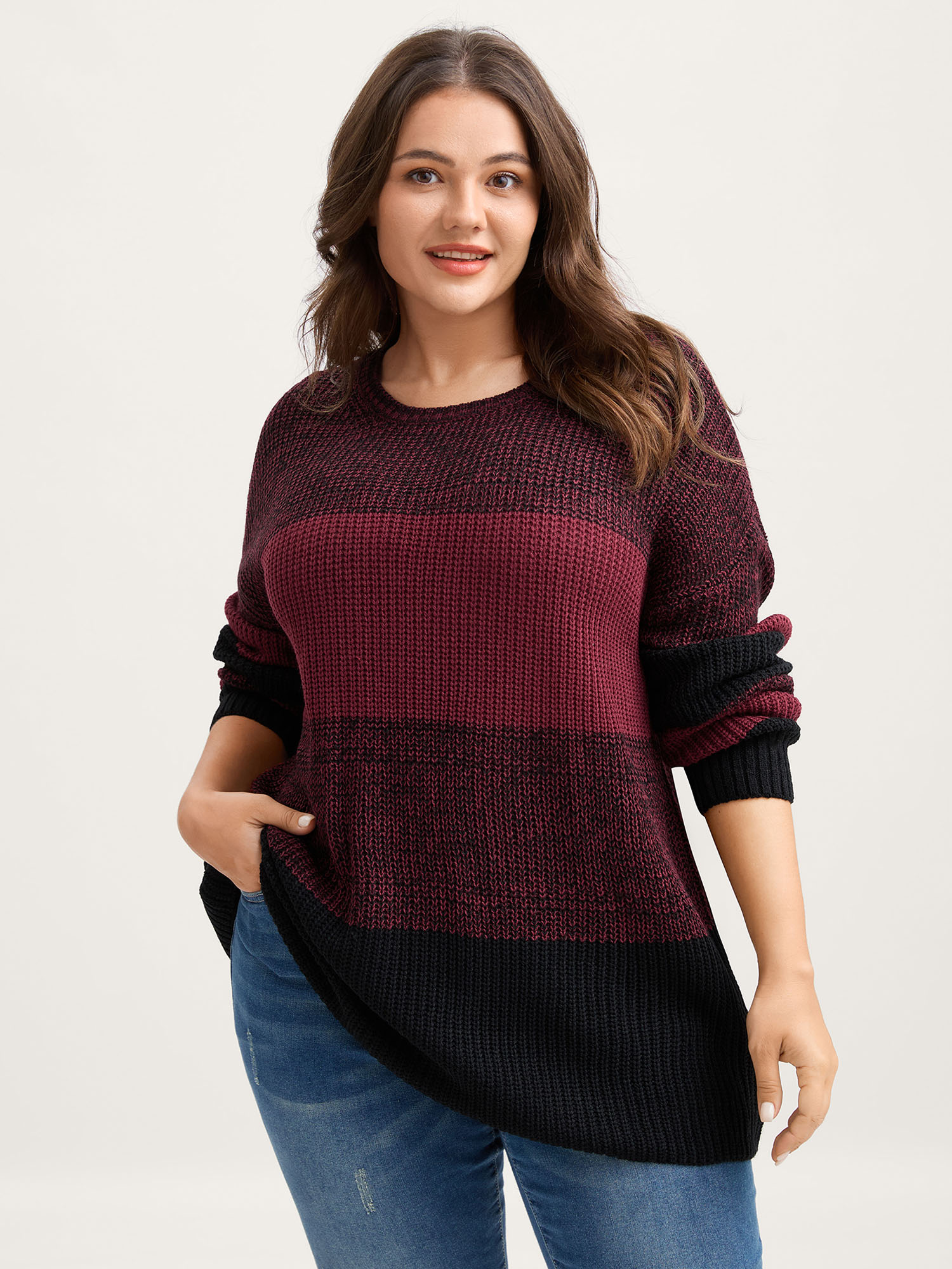 BloomChic Women's Plus Size Color Block Yarn Blend Pullover Deepred not graphics Long Sleeve Round Neck 28/5X