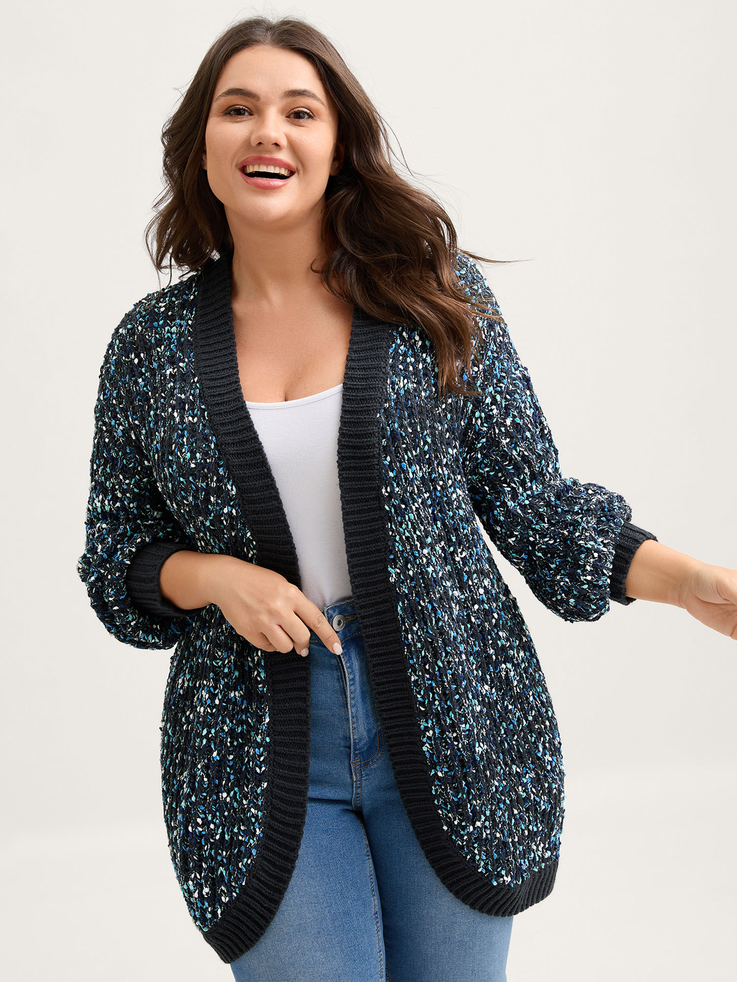 BloomChic Women's Plus Size Abstract Textured Cuvy Hem Knit Cardigan Midnight Long Sleeve 10/M