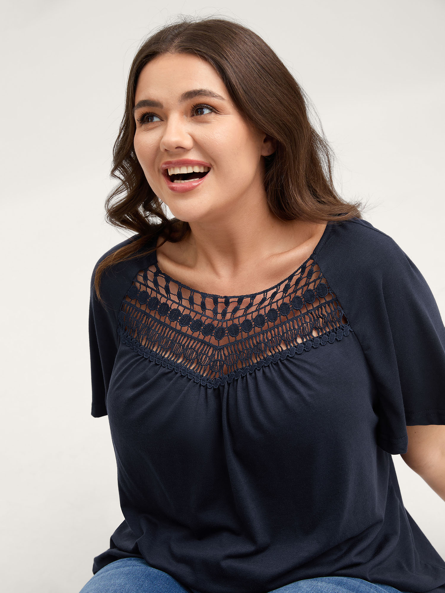 BloomChic Plus Size Supersoft Neckline Sheer Lace Neck T-Shirt - Women's Indigo Solid Round Neck Comfort Midsection Fit Long Sleeve Playful T-shirts 14/M