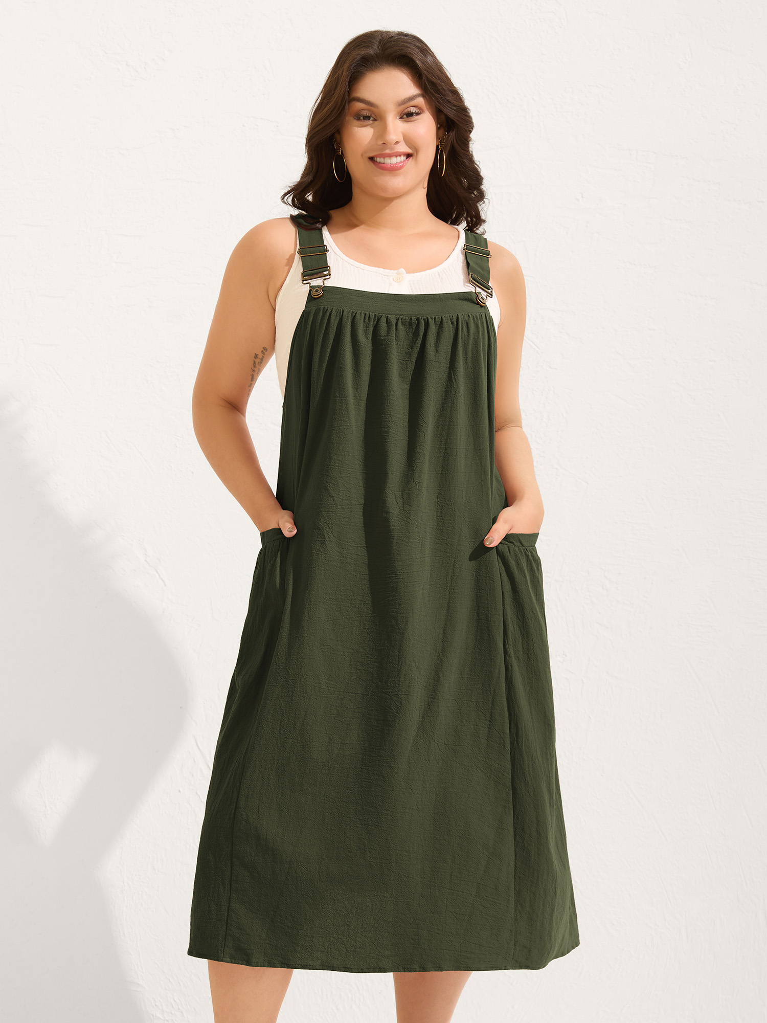 BloomChic Plus Size Pure Cotton Pleated Pockets Midi Dress - Curve Ladies Black Forest Leisure Sleeveless Solid Side Pocket Daily Dresses 34/6X