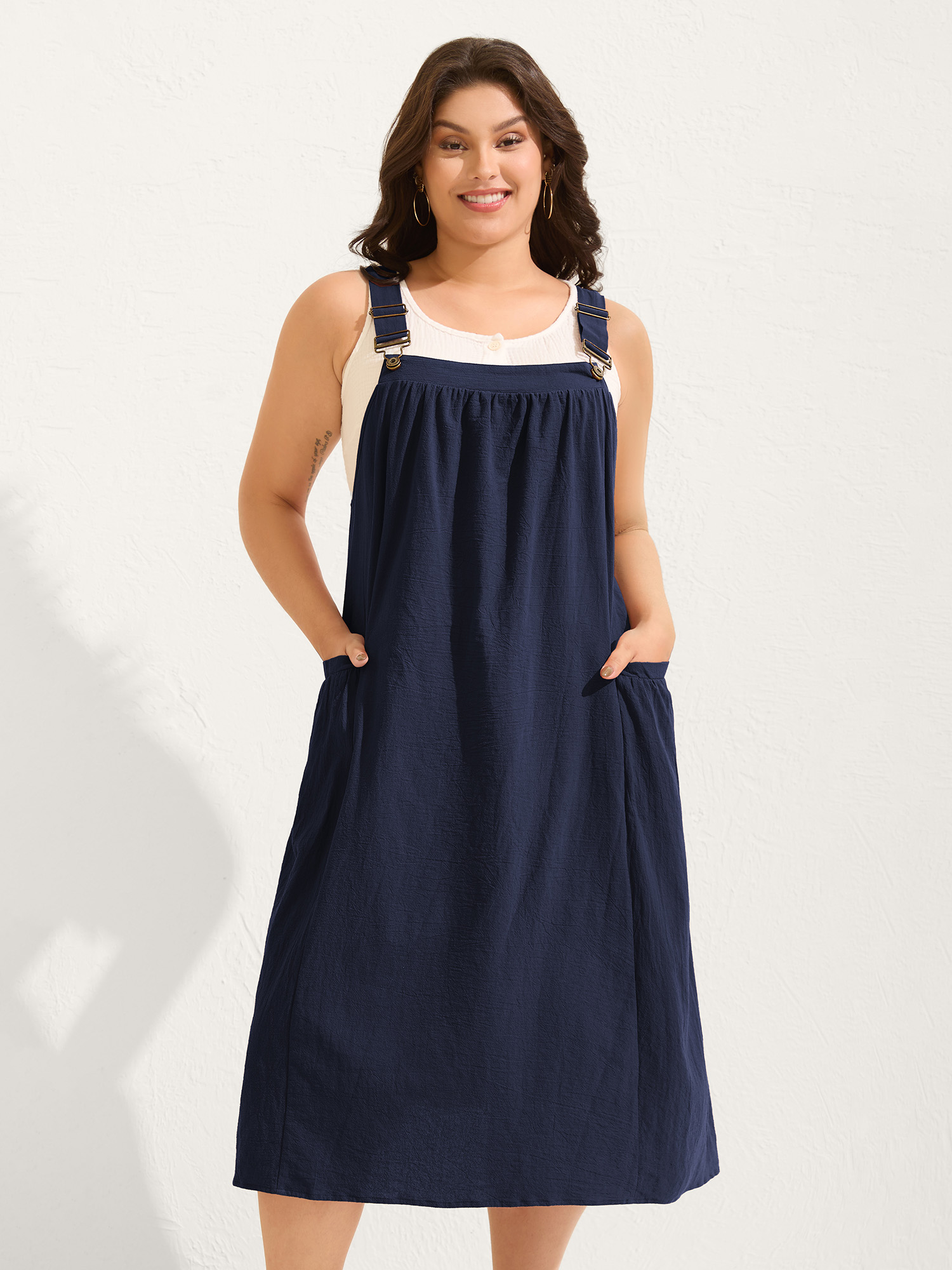 BloomChic Plus Size Pure Cotton Pleated Pockets Midi Dress - Curve Ladies Baritone Blue Leisure Sleeveless Solid Side Pocket Daily Dresses 34/6X