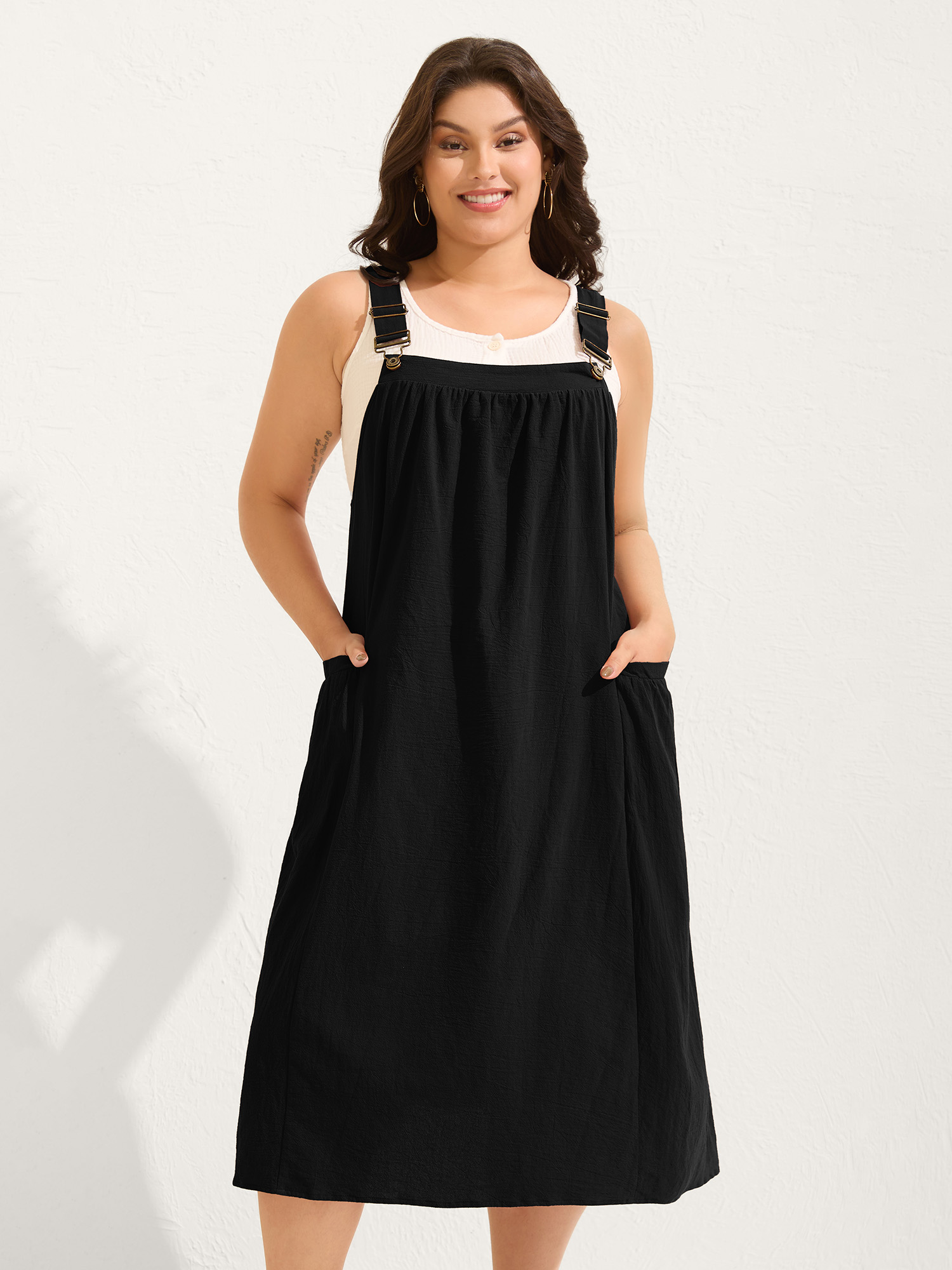 BloomChic Plus Size Pure Cotton Pleated Pockets Midi Dress - Curve Ladies Black Leisure Sleeveless Solid Side Pocket Daily Dresses 22-24/2X