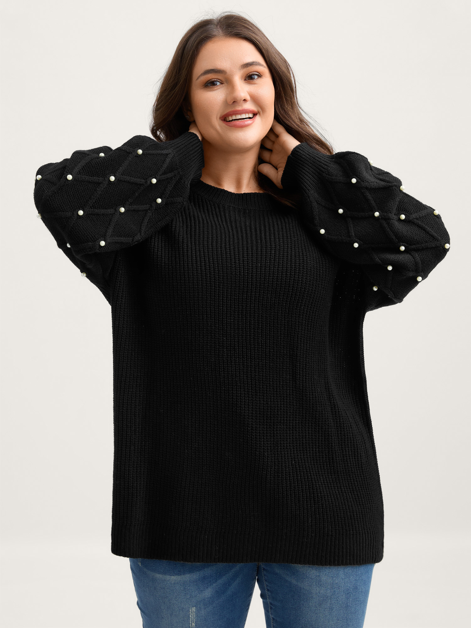 BloomChic Women's Plus Size Textured Pearl Detail Drop Shoulder Pullover Black not graphics Long Sleeve Round Neck 22-24/3X