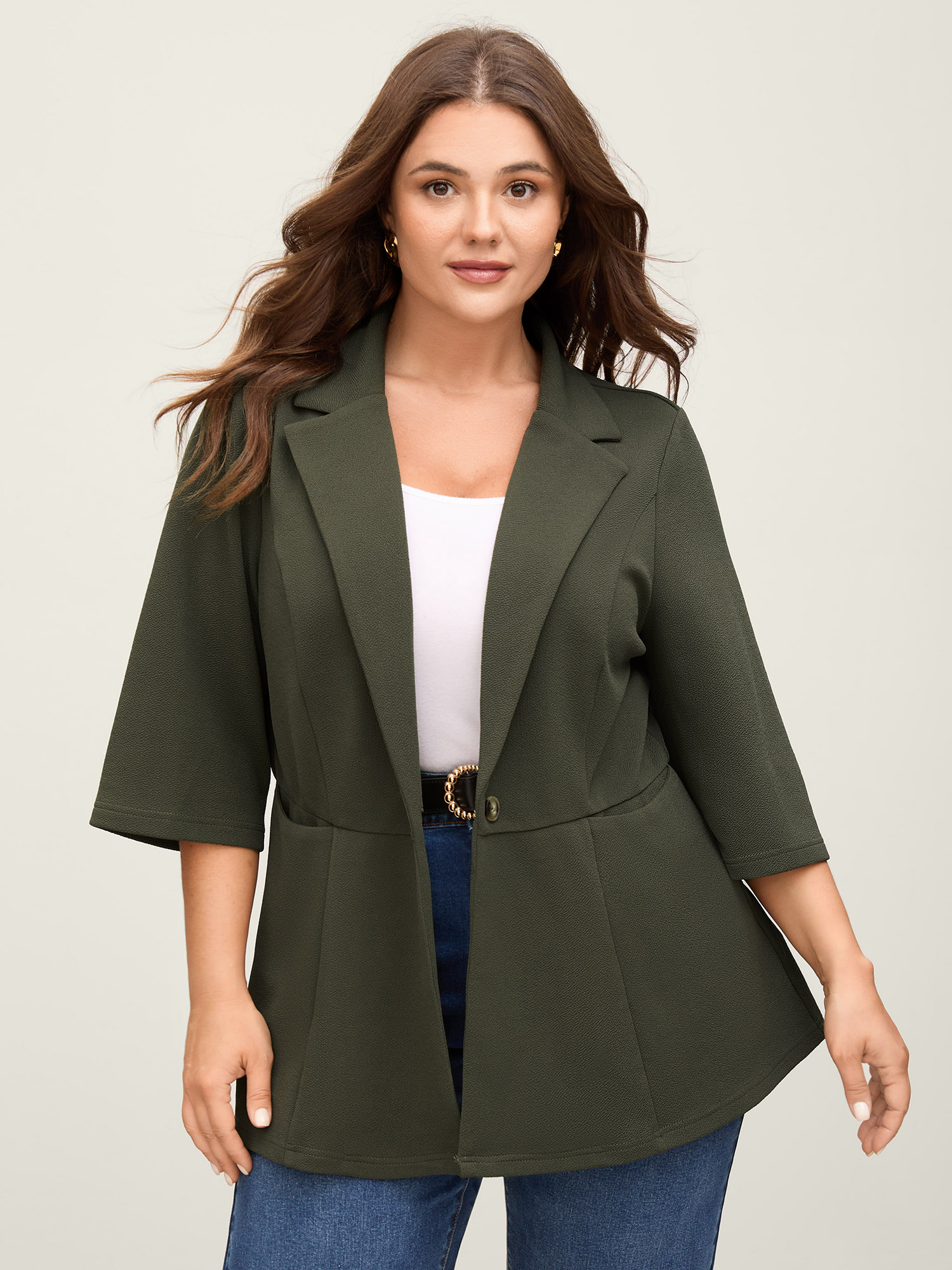 BloomChic Women's Plus Size Stretchy Textured Cinched Flared Waist Blazer ArmyGreen Texture Sleeve 3/4 Sleeve 18-20/2X-image-47267425517738