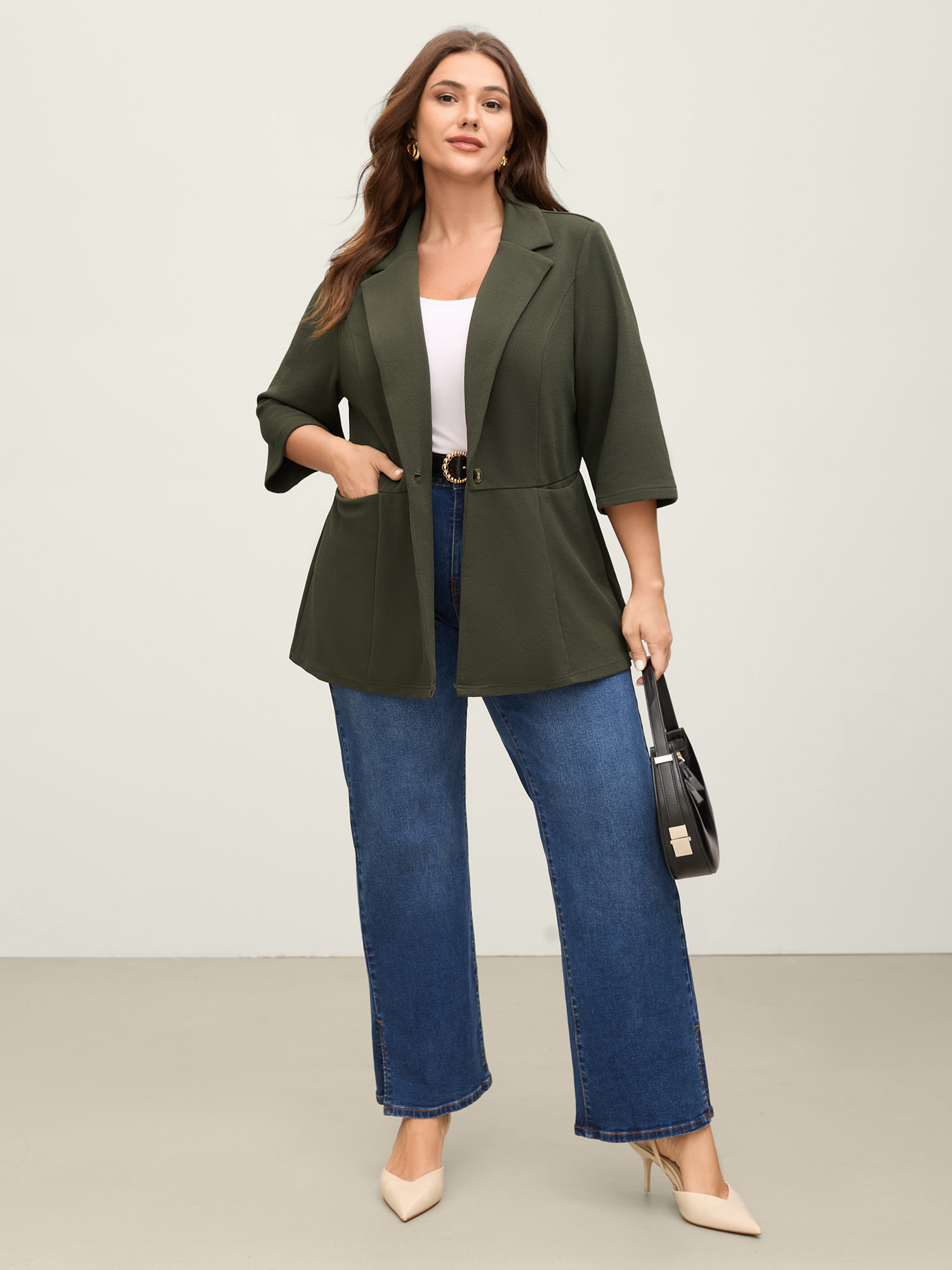 Side view of BloomChic Women's Plus Size Stretchy Textured Cinched Flared Waist Blazer ArmyGreen Texture Sleeve 3/4 Sleeve 30/6X
