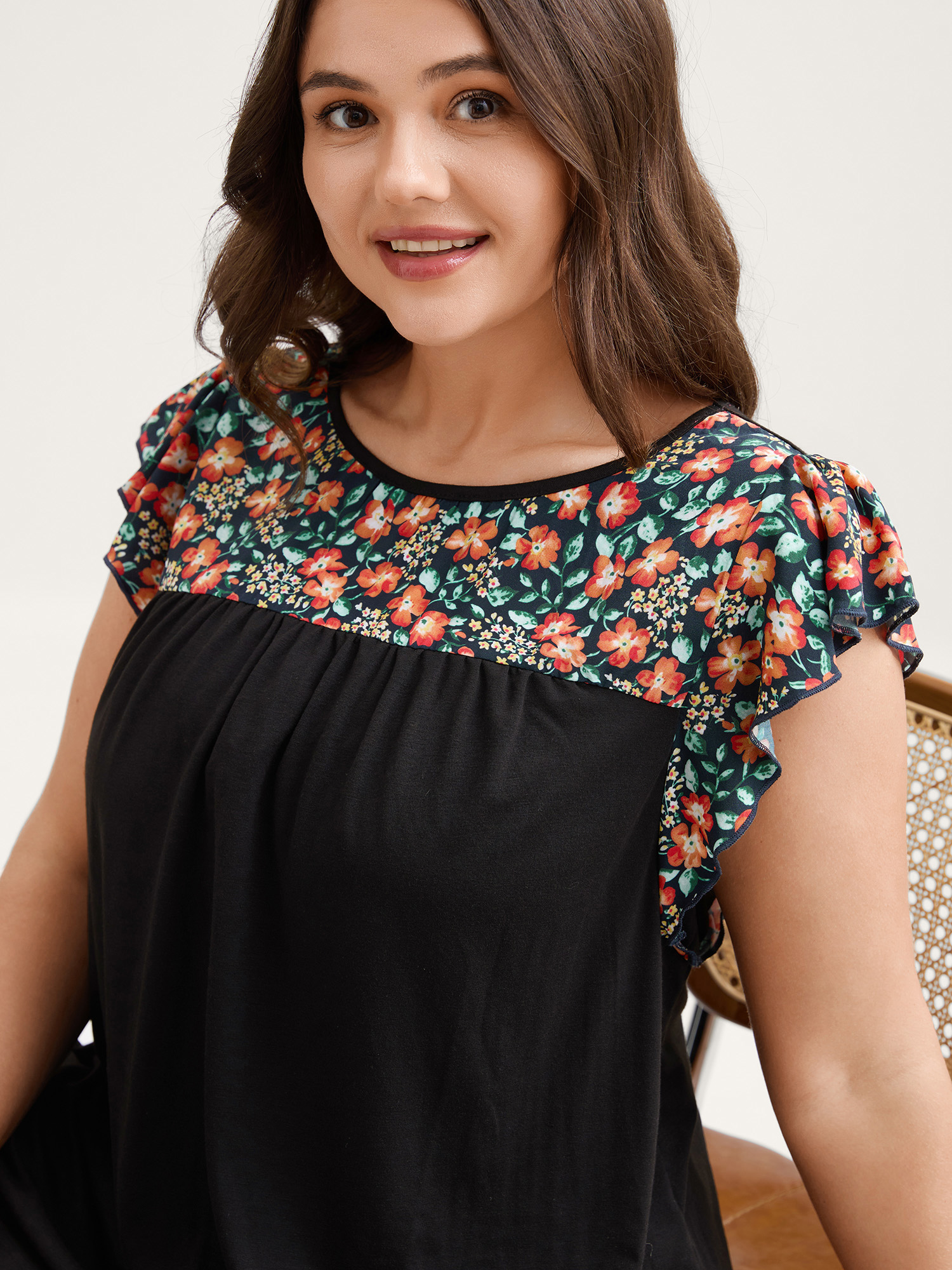BloomChic Plus Size Floral Neckline Flutter Sleeve Contrast T-Shirt - Women's Black Solid Round Neck Comfort Midsection Fit Long Sleeve Playful T-shirts 16/L