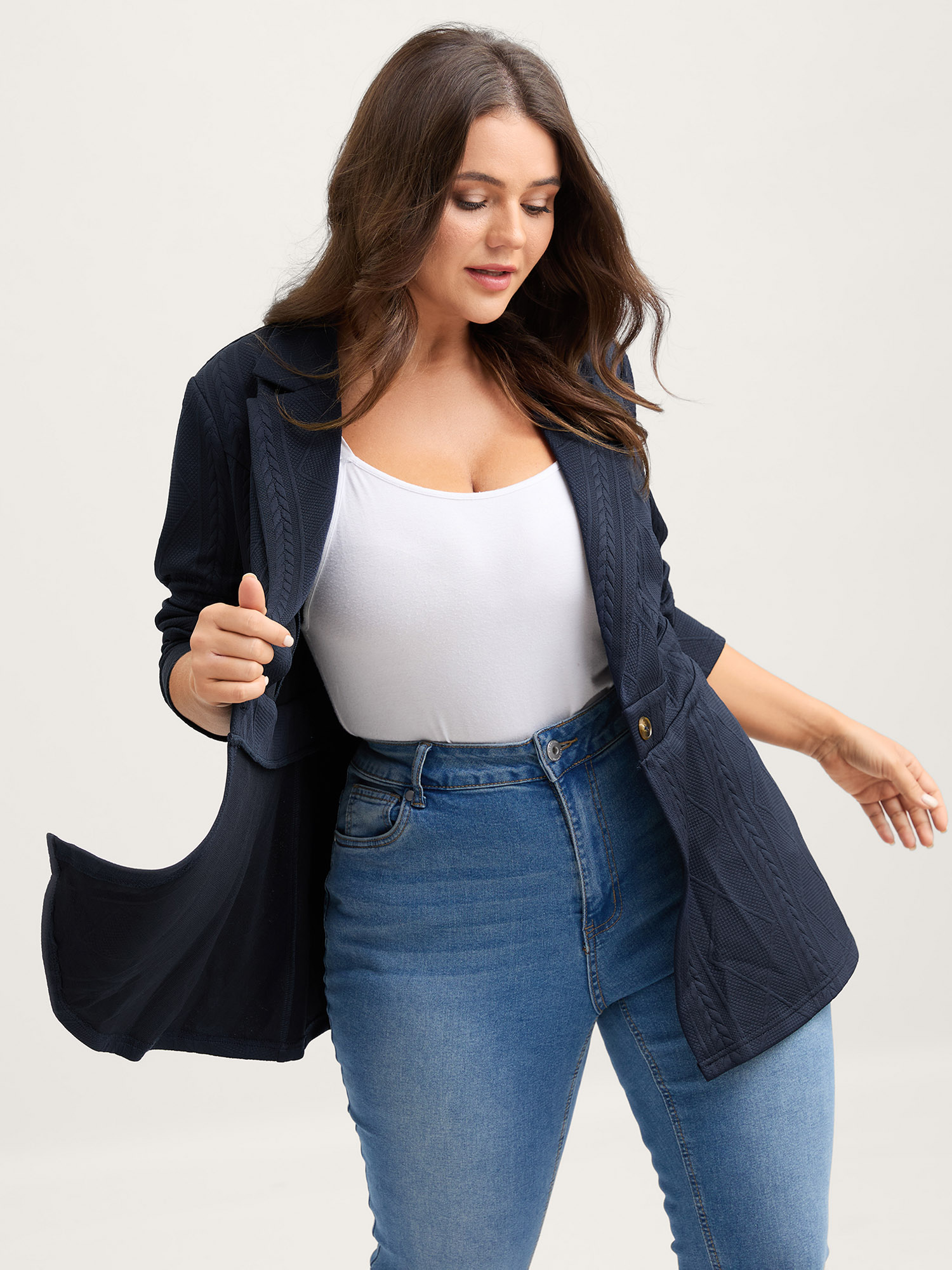 BloomChic Women's Plus Size Textured Waist-Defining Solid Blazer Indigo not graphics Cable Knit Sleeve Long Sleeve Notched Lapel 30/6X-image-47295435800746