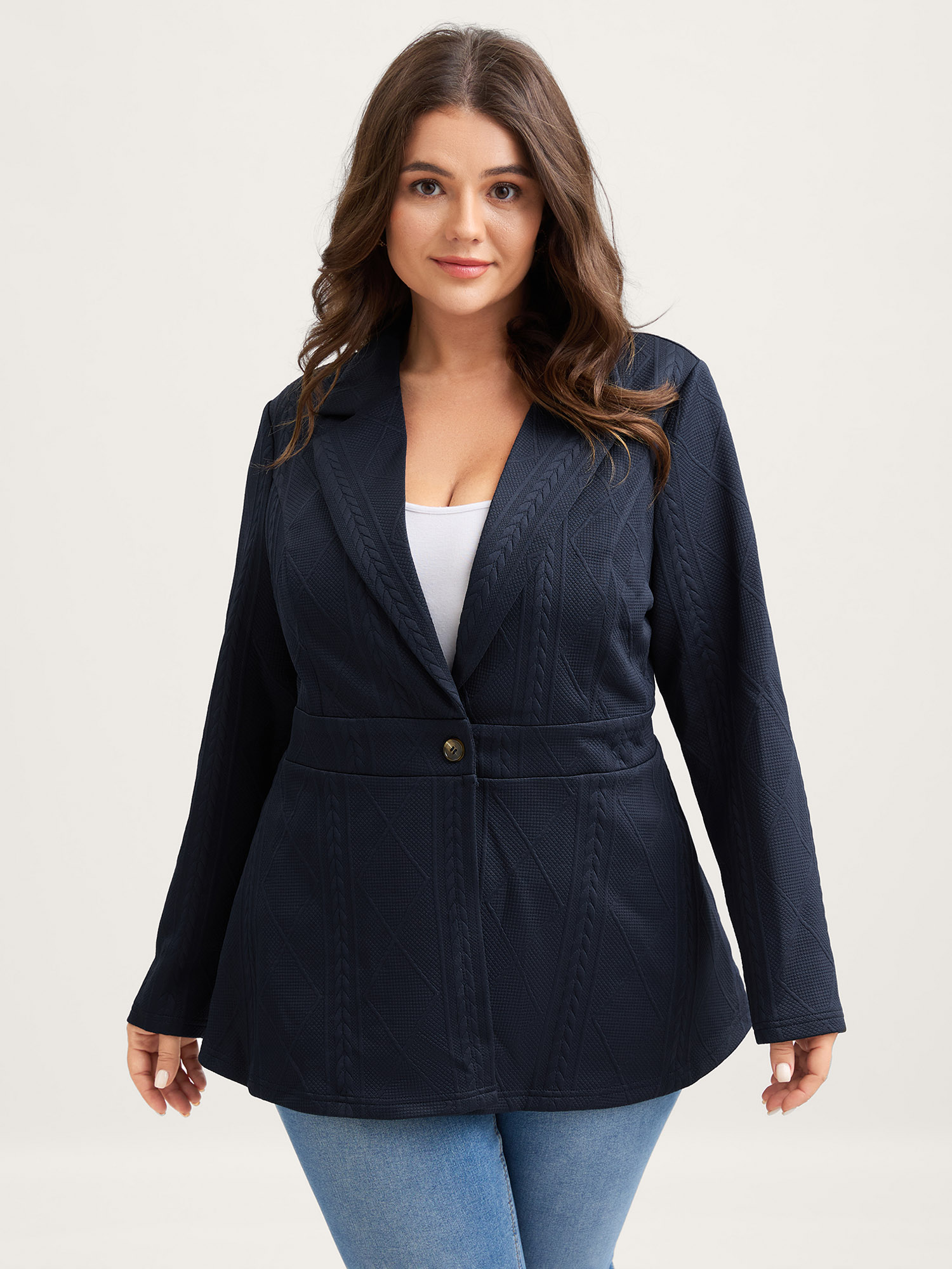 Side view of BloomChic Women's Plus Size Textured Waist-Defining Solid Blazer Indigo not graphics Cable Knit Sleeve Long Sleeve Notched Lapel 14-16/1X