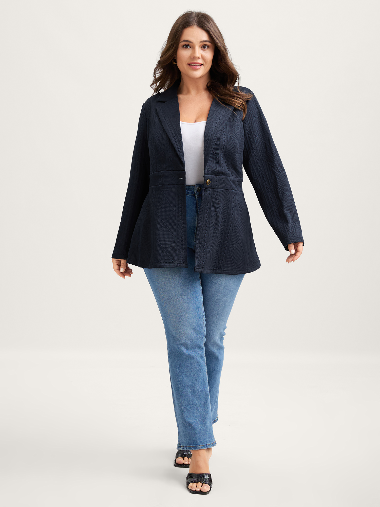 Side view of BloomChic Women's Plus Size Textured Waist-Defining Solid Blazer Indigo not graphics Cable Knit Sleeve Long Sleeve Notched Lapel 14-16/1X