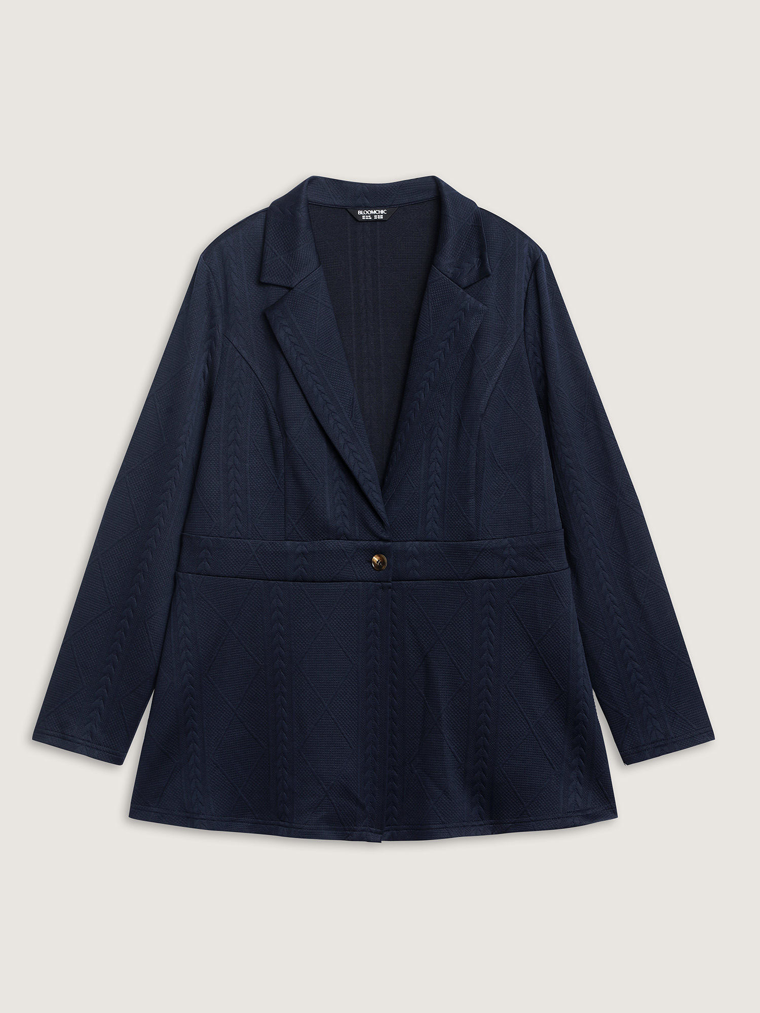 Side view of BloomChic Women's Plus Size Textured Waist-Defining Solid Blazer Indigo not graphics Cable Knit Sleeve Long Sleeve Notched Lapel 14-16/1X