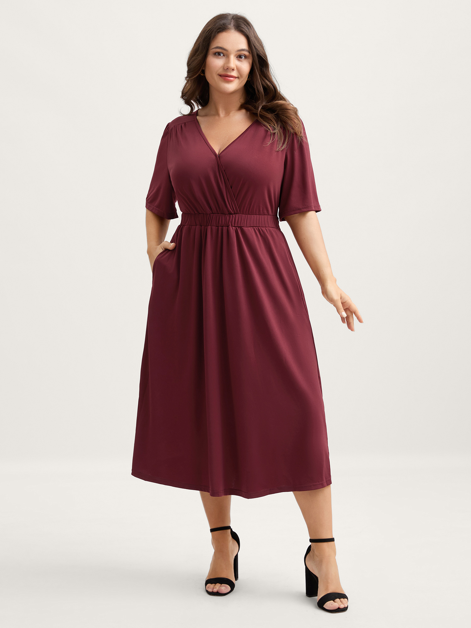 BloomChic Women's Plus Size Stretchy Overlap Belted Pockets Midi Dress Deepred Non Midi Everyday-Elegant 22-24/3X