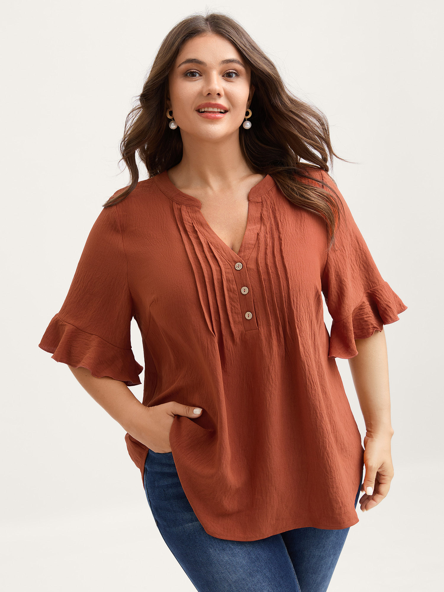 Bloomchic Toothpick Pleats Ruffled Sleeve Solid Blouse In Brown