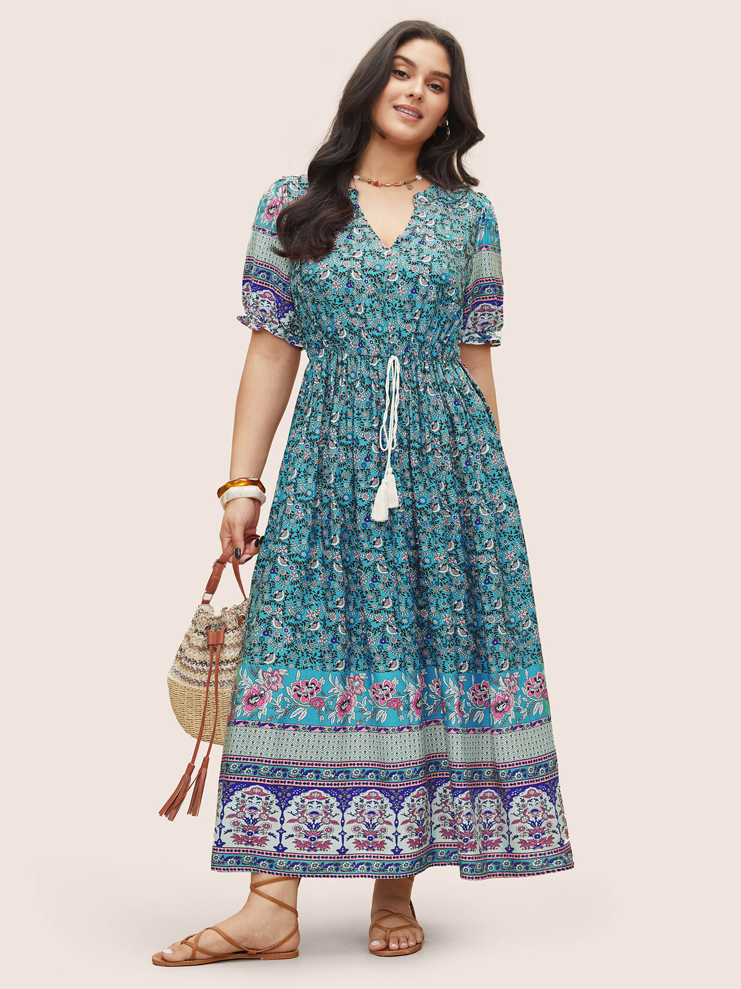 BloomChic Women's Plus Size Boho Print Notched Ties Tassel Trim Dress Malachitegreen Floral Maxi Vacation Tassels 10/M