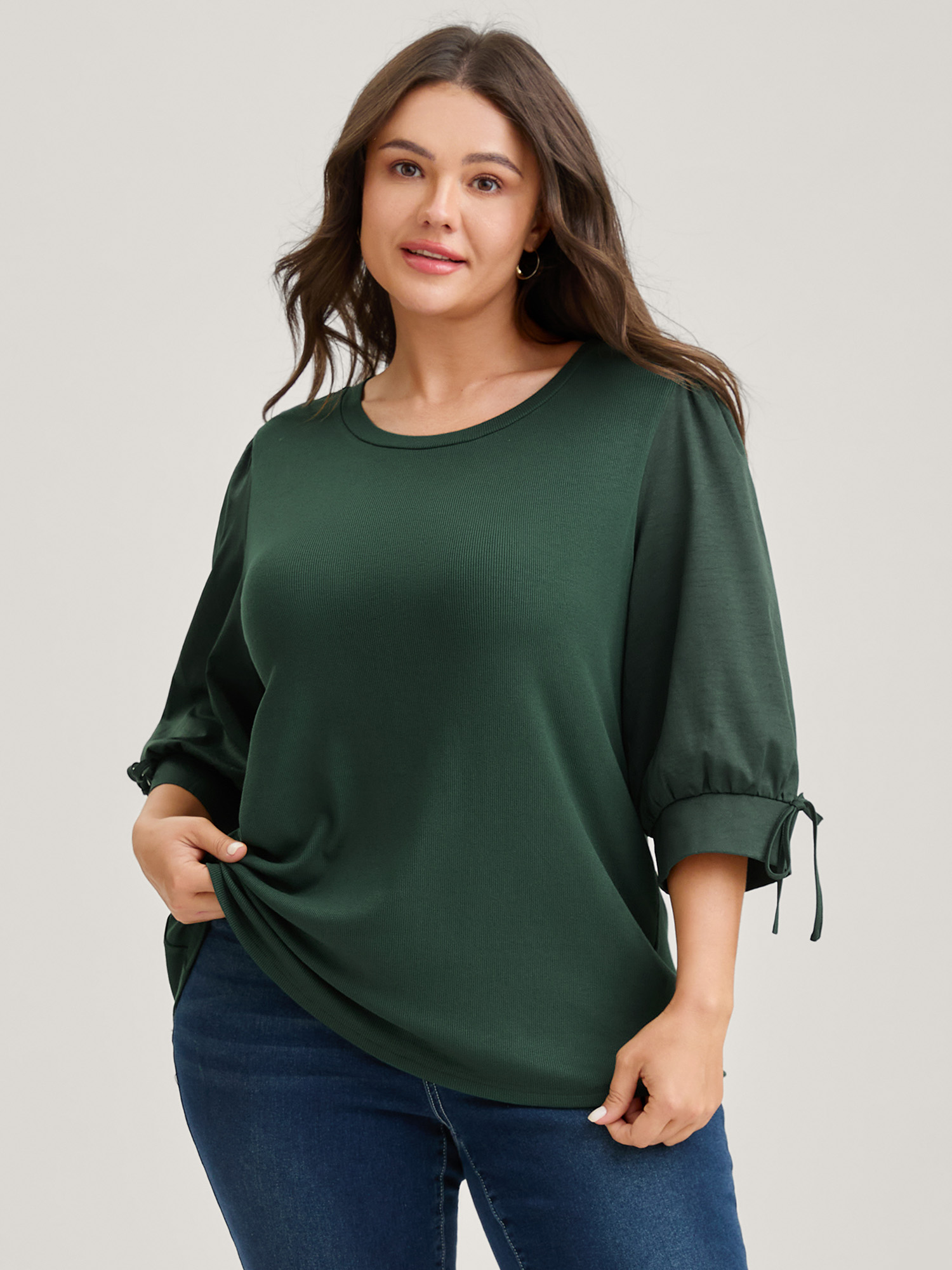 BloomChic Women's Plus Size Sleeve Tie Plain Knit Solid Top DarkGreen 3/4 Sleeve Office Round Neck 10/M