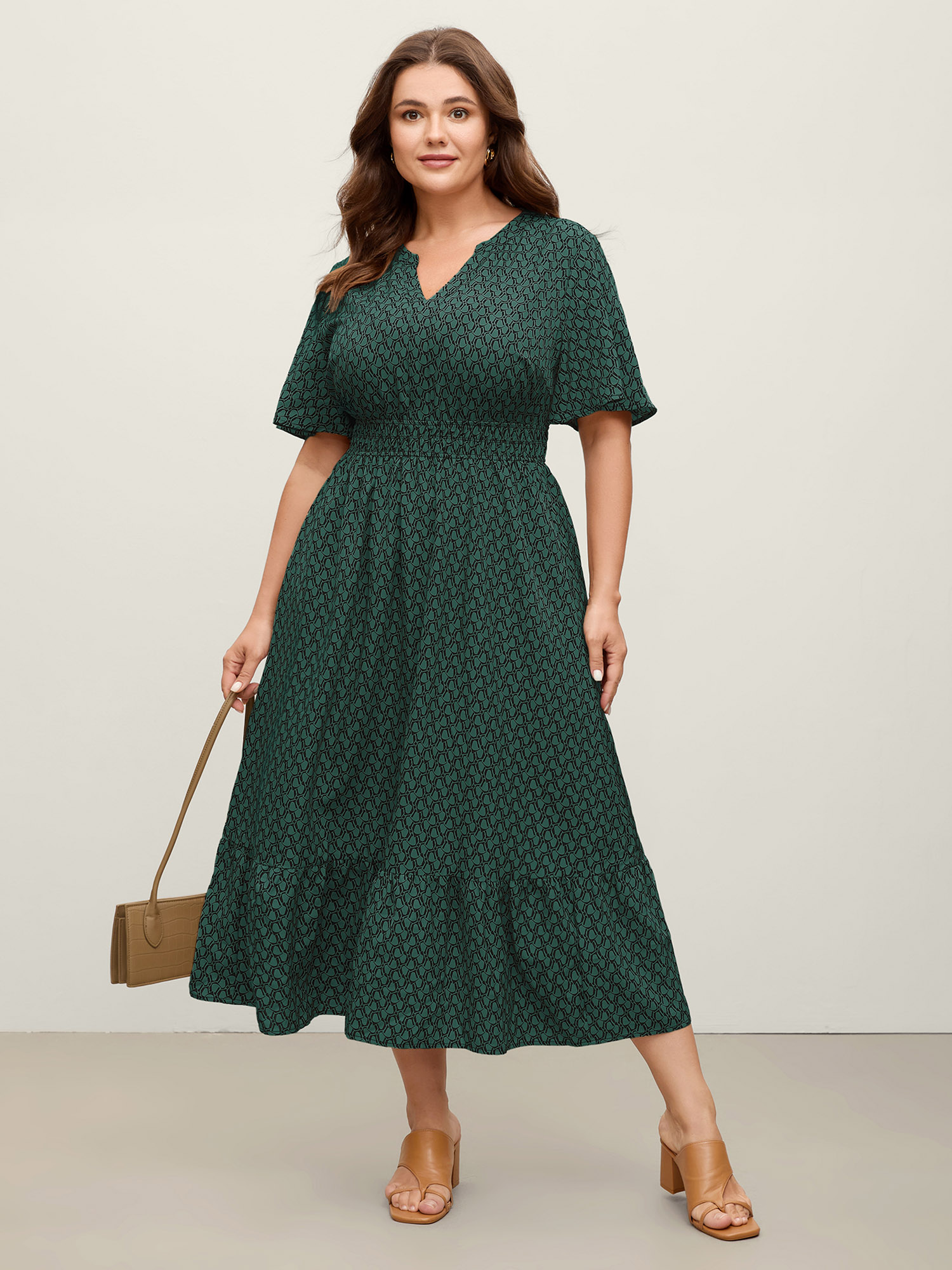 BloomChic Plus Size Geometric Print Waist-Cinched Tiered Midi Dress - Curve Ladies DarkGreen Office Short sleeve Stripes Side seam pocket Daily Dresses 14/M