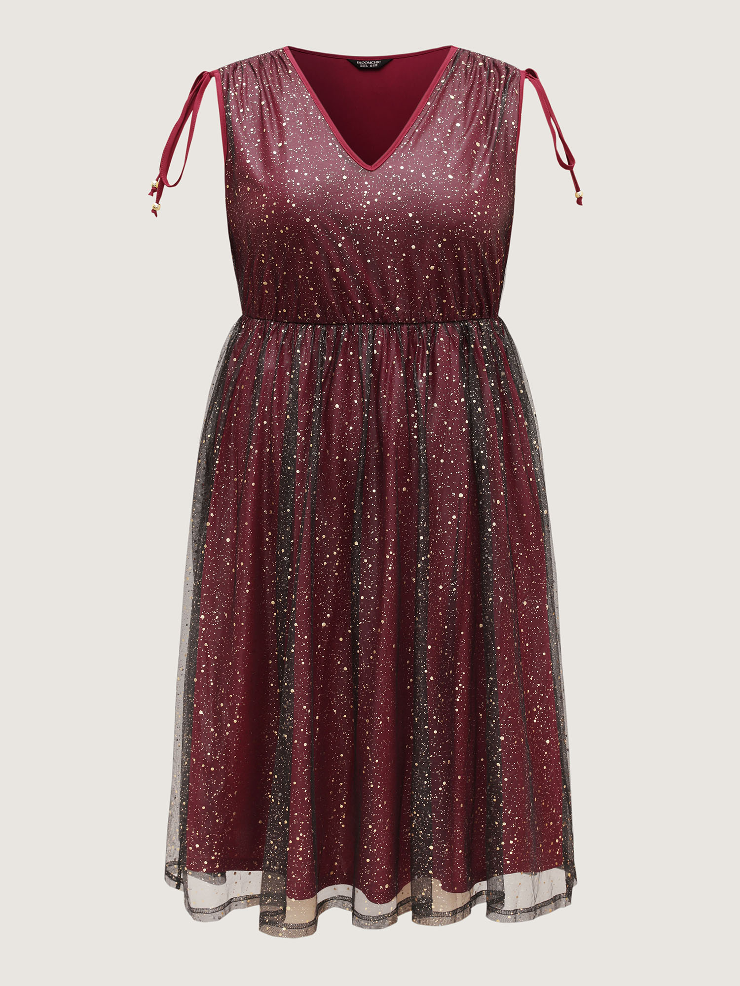 Side view of BloomChic Women's Plus Size Shimmery Sequin Rhinestones Shoulder Tie Midi Dress Burgundy Party Midi Drawstring 10/M