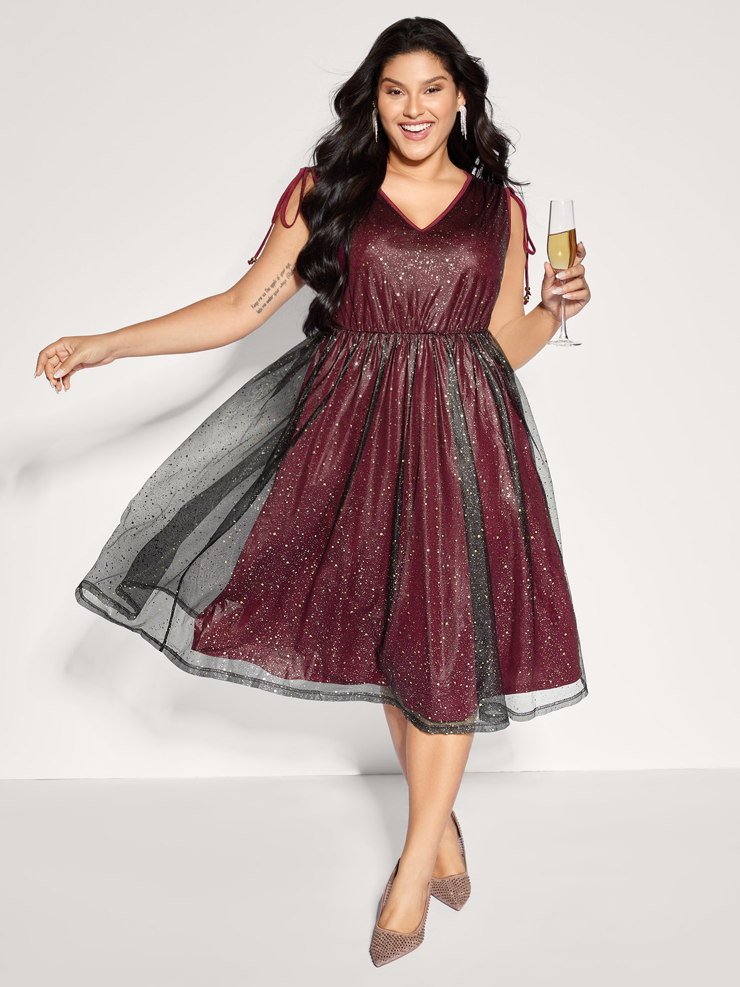 BloomChic Women's Plus Size Shimmery Sequin Rhinestones Shoulder Tie Midi Dress Burgundy Party Midi Drawstring 10/M-image-47289051611306