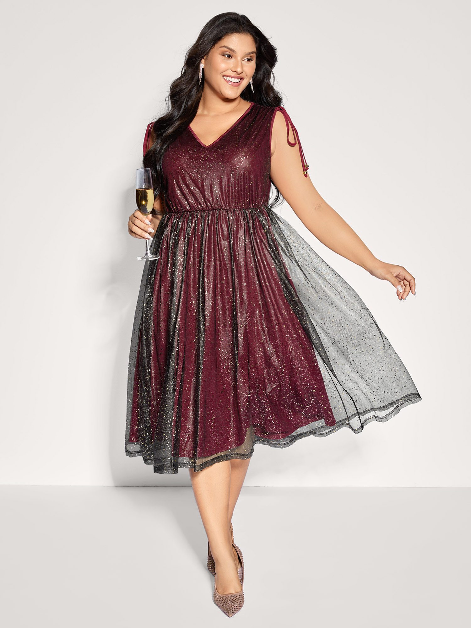 Side view of BloomChic Women's Plus Size Shimmery Sequin Rhinestones Shoulder Tie Midi Dress Burgundy Party Midi Drawstring 10/M
