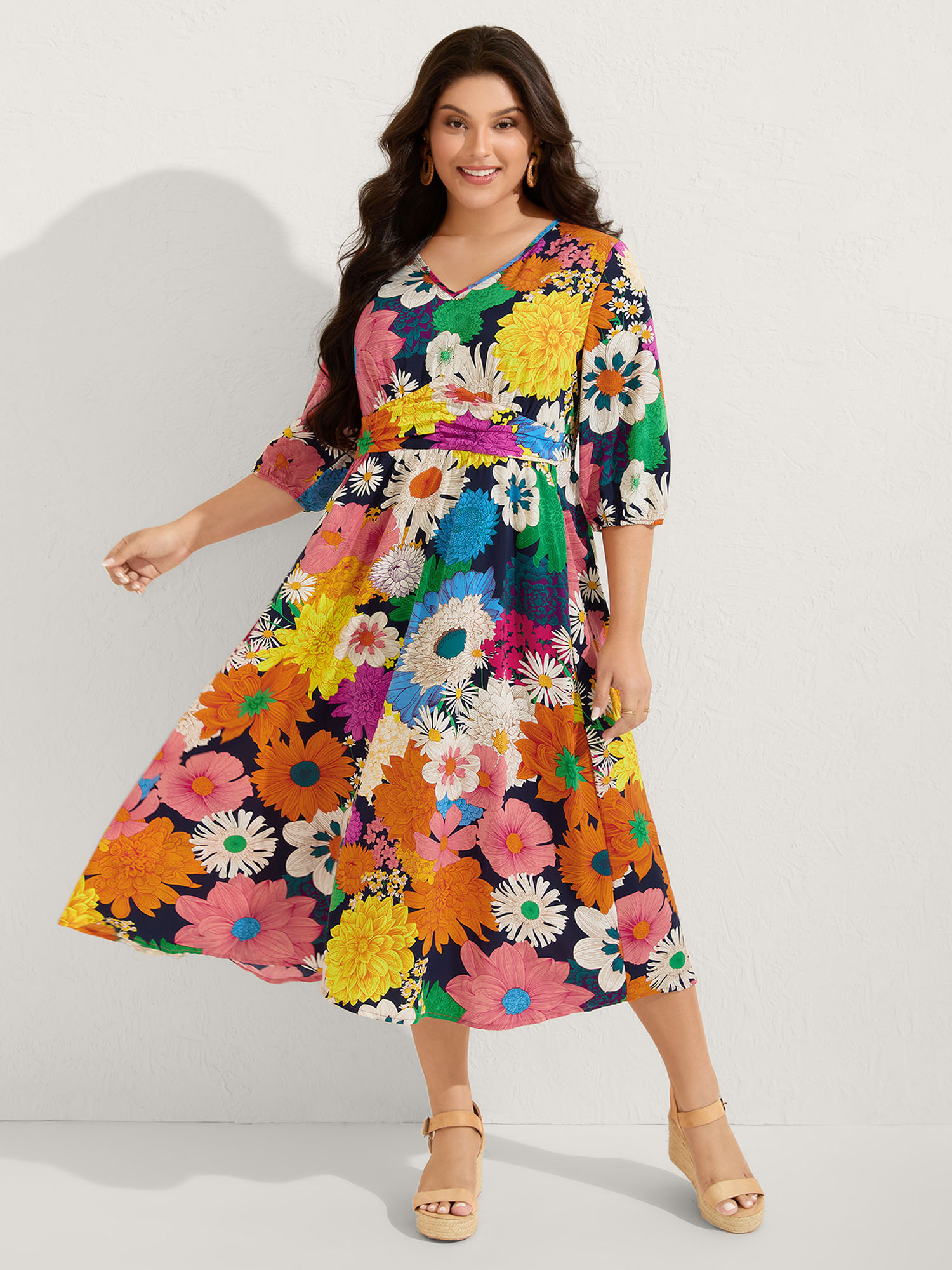 BloomChic Women's Plus Size Colorful Floral Print Shirred Waist Midi Dress Indigo Floral Midi Vacation Pleated 30/6X