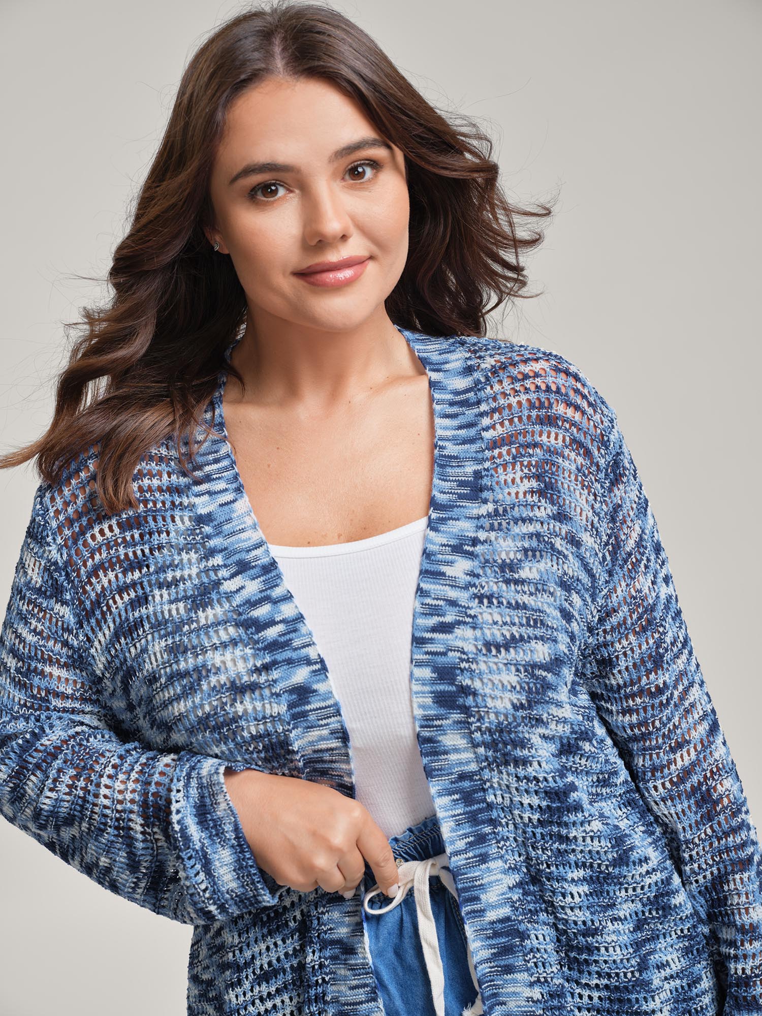 BloomChic Women's Plus Size Abstract Textured Cut-Out Knit Cardigan Mediumblue Sleeveless 10/M
