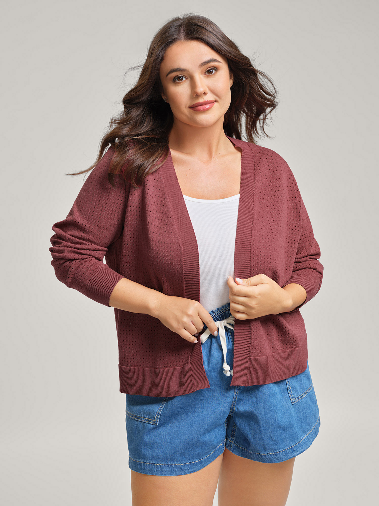 BloomChic Women's Plus Size Textured Hollow Front-Open Knit Cardigan Rust Long Sleeve 30/6X