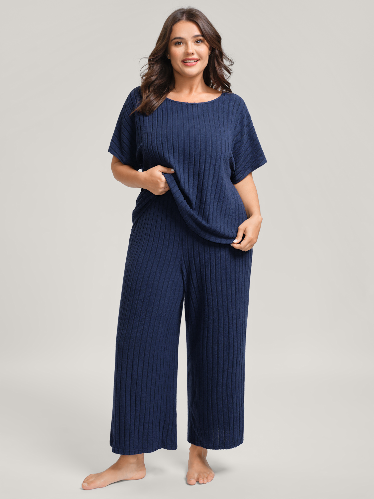 BloomChic Women's Plus Size Stretchy Pit Strip Solid Loungewear Set Midnight Solid Short sleeve Non 30/6X-image-48075057037482