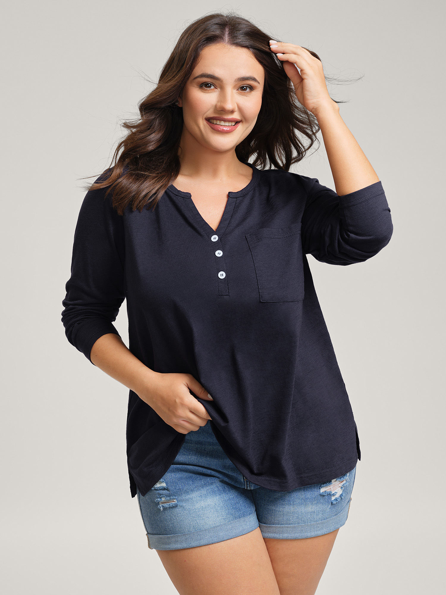 BloomChic Plus Size Stretchy Split Button Neckline Basic T-Shirt - Women's Ocean Cavern Solid Round Neck Comfort Midsection Fit Long Sleeve Playful T-shirts 34/6X