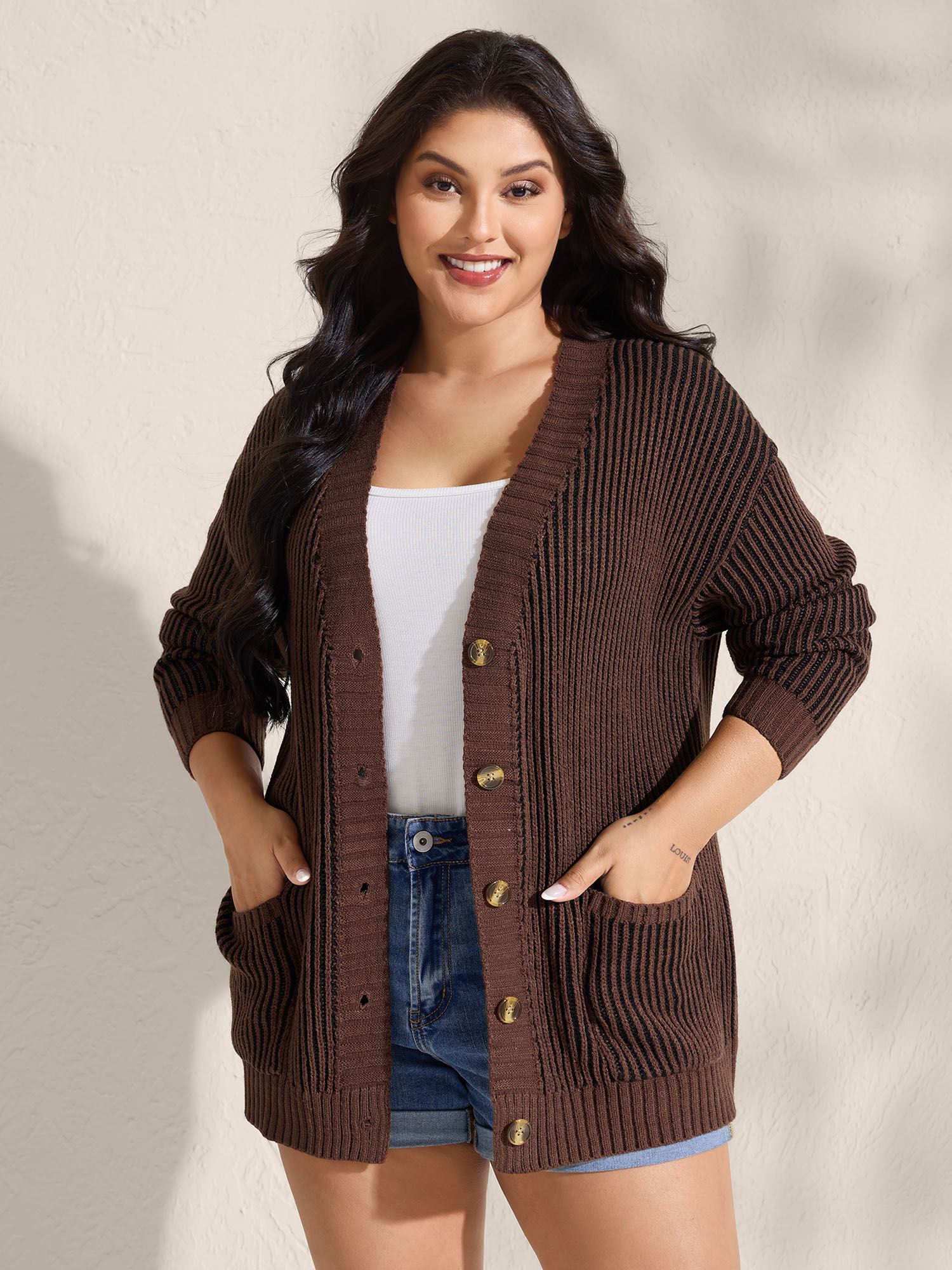 BloomChic Women's Plus Size Textured Pocket Buttons Solid Knit Cardigan Maroon Long Sleeve 10/M