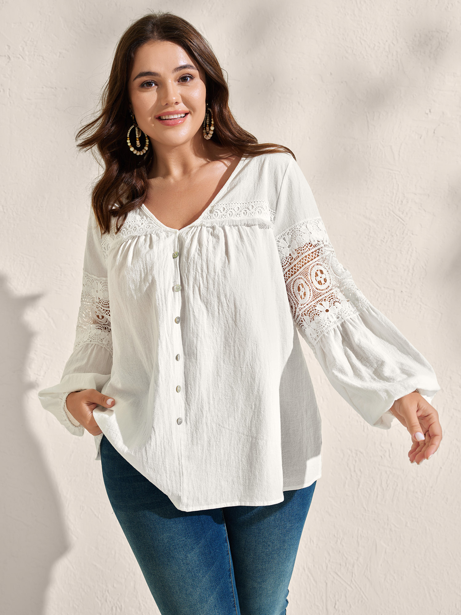 BloomChic Women's Plus Size Pure Cotton Sheer Lace Trim Blouse Originalwhite Solid Vacation Long Sleeve V-Neck 10/M