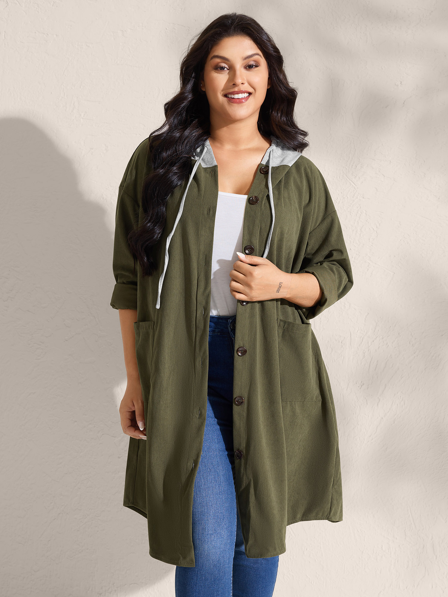BloomChic Plus Size Hooded Button-Front Pockets Jacket - Curve Women's Winterwear- ArmyGreen Comfort Sleeve Fit Knee H-line Jackets 22-24/2X