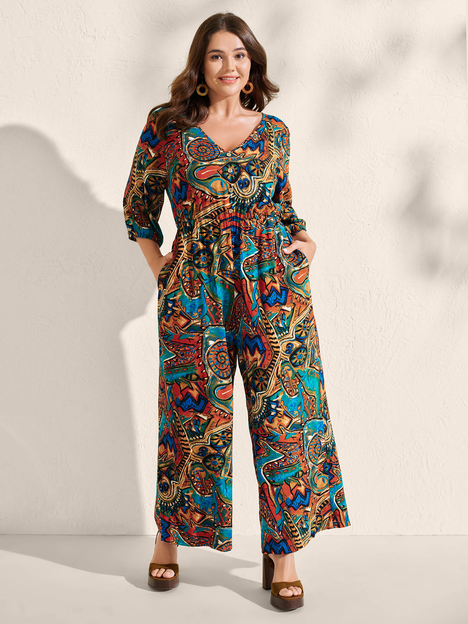BloomChic Women's Plus Size Graffiti Print Pockets Backless Tie Jumpsuit Multicolor Vacation 14-16/1X