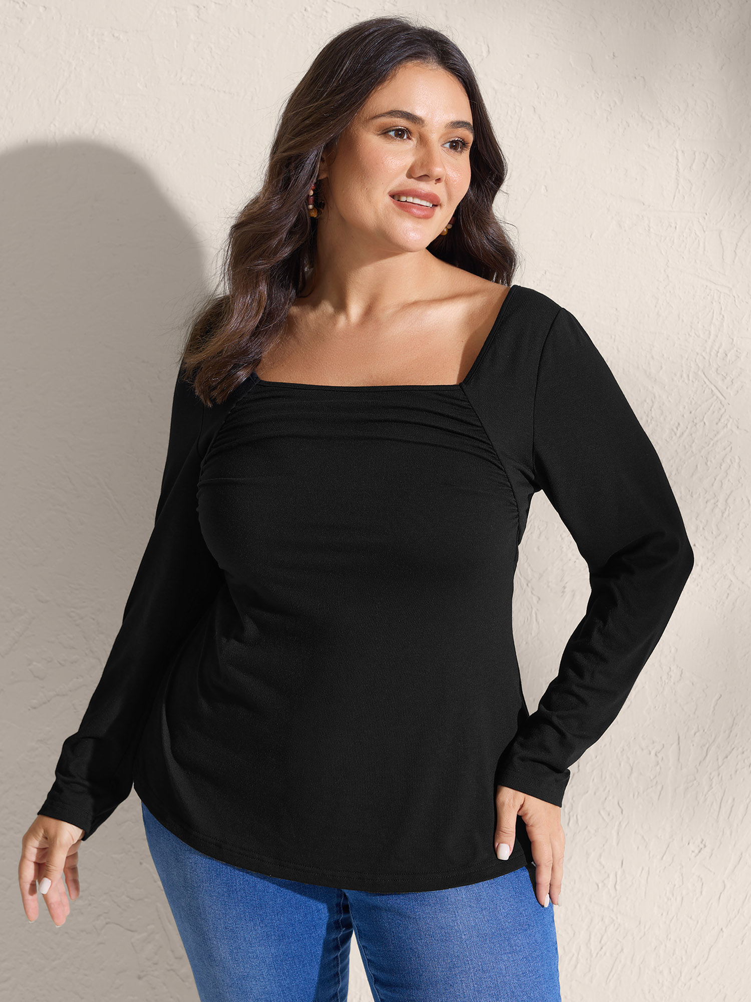 BloomChic Plus Size Supersoft Stretchy Pleated Bodice T-Shirt - Women's Black Solid Square Neck Comfort Midsection Fit Long Sleeve Leisure T-shirts 14/M