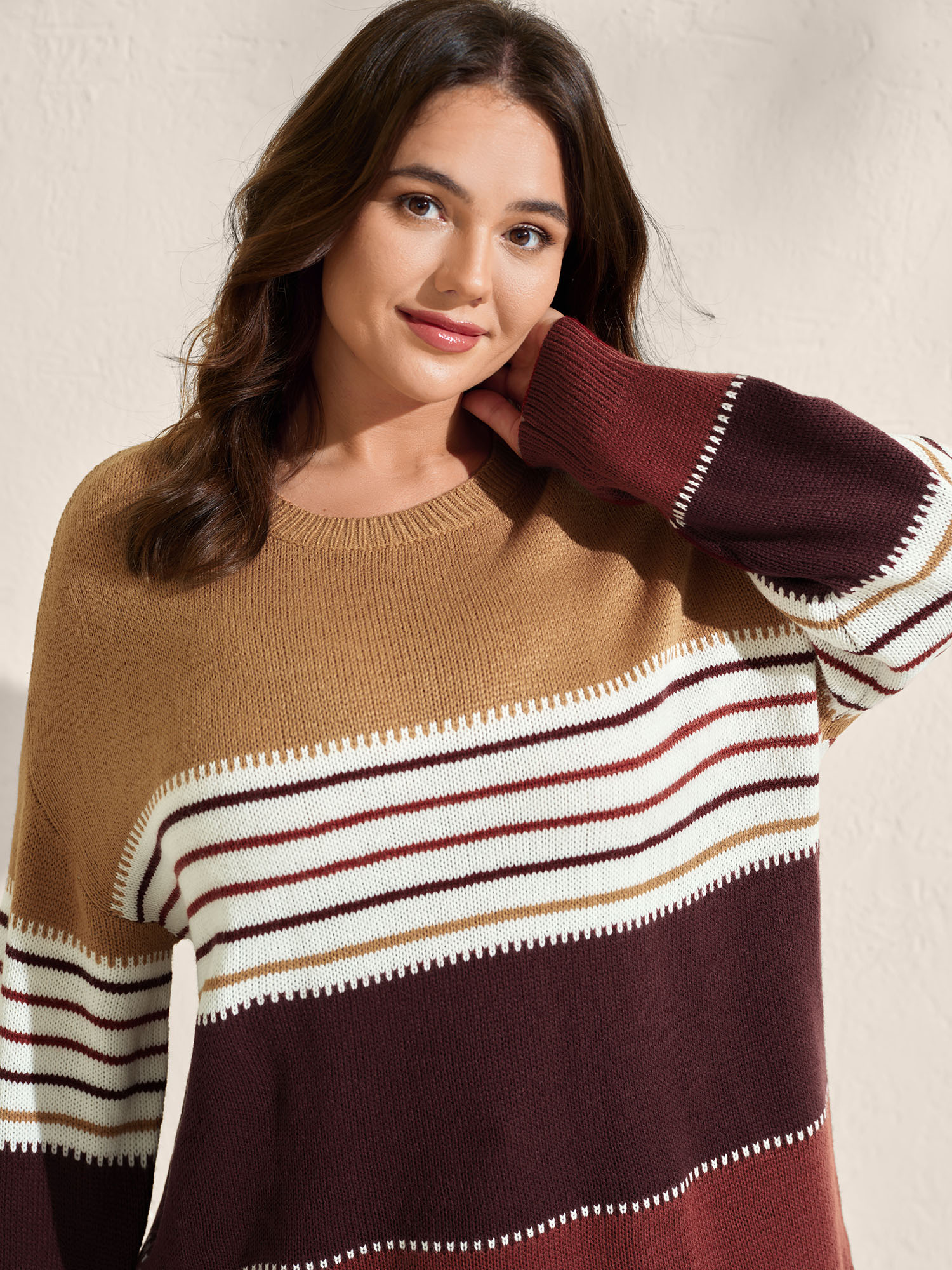 BloomChic Plus Size Color Block Striped Contrast Pullover - Curve Women's Winter H-line Colorblock Browncoffeecolor Drop shoulder sleeve Pullovers 14/M