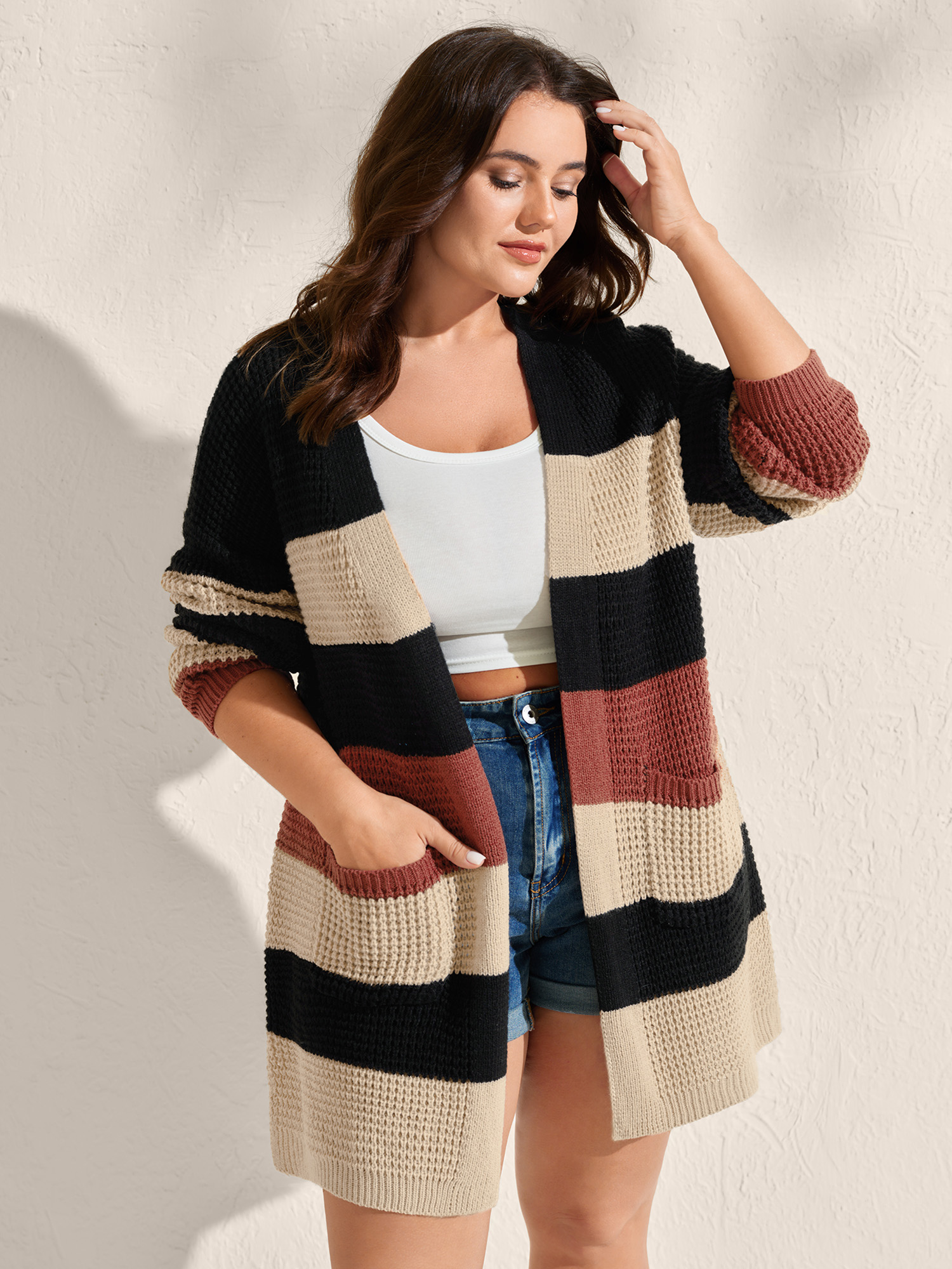 BloomChic Women's Plus Size Color Block Textured Pockets Knit Cardigan Browncoffeecolor Long Sleeve V-Neck 10/M