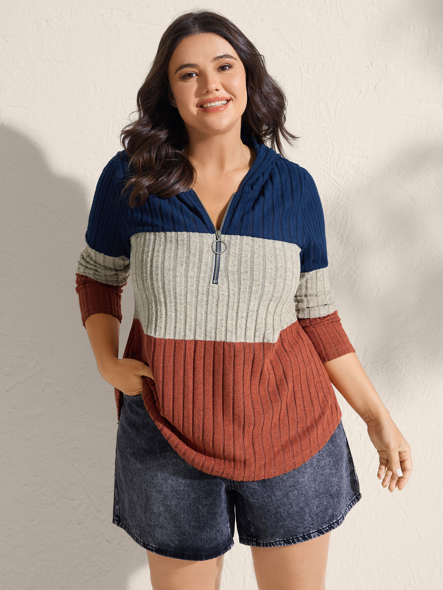 BloomChic Plus Size Color Block Half Zipper Ribbed Hoodie - Women's Multicolor Star & Moon Round Neck Comfort Midsection Fit Long Sleeve Leisure Sweatshirts 14/M
