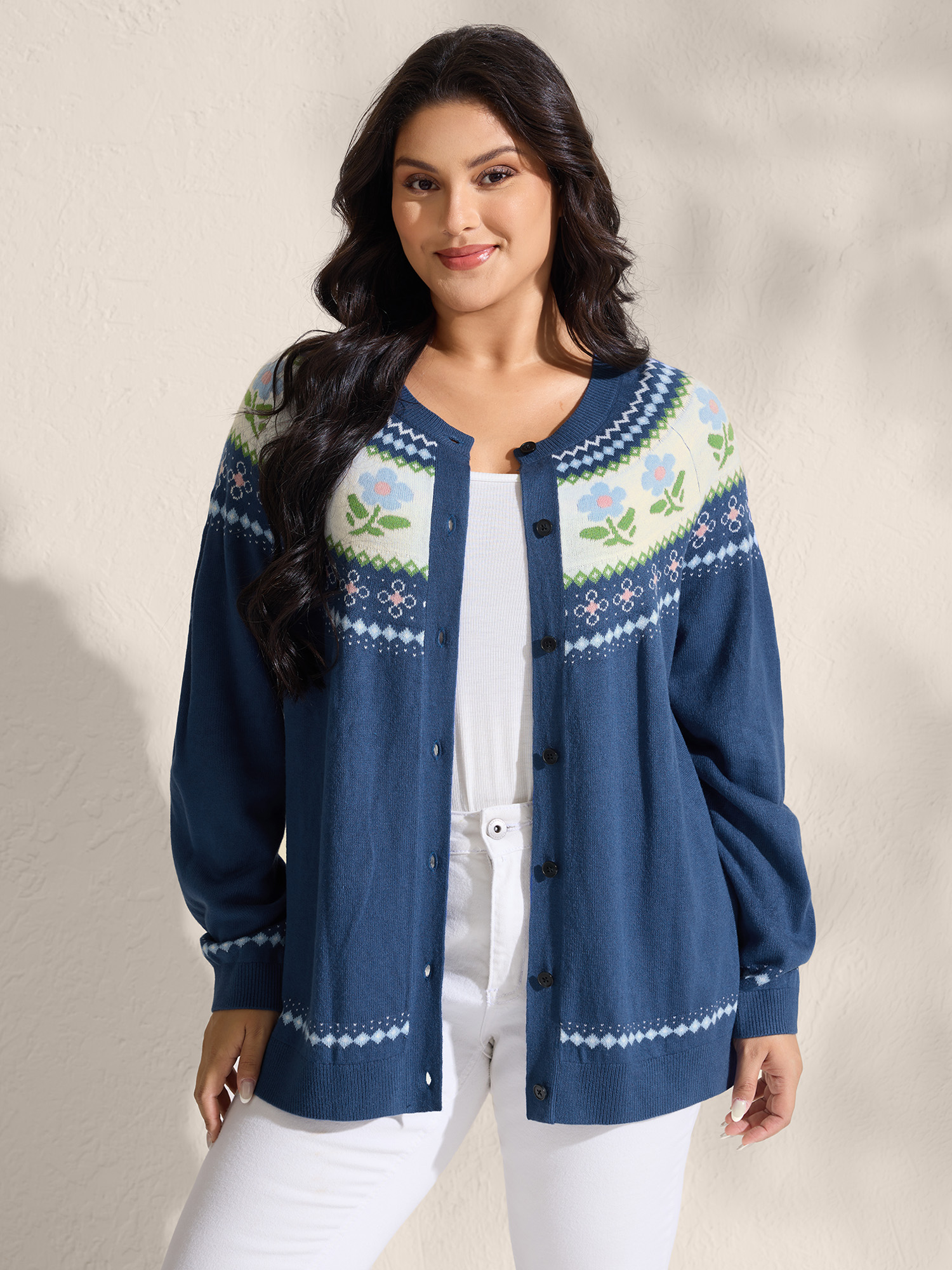 BloomChic Women's Plus Size Fair Isle Jacquard Color Contrast Knit Cardigan Aegean Long Sleeve 14-16/1X