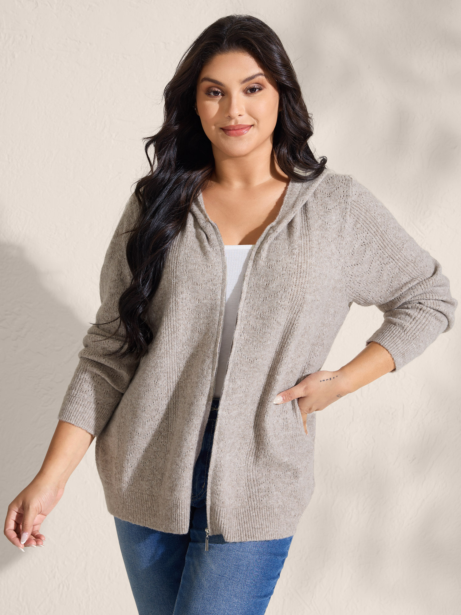 BloomChic Women's Plus Size Hooded Zipper-Front Knit Cardigan Pumice Stone Long Sleeve Hooded Neck 12/L