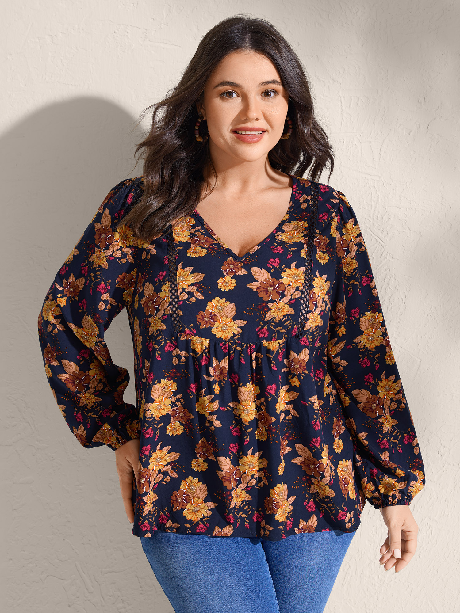 BloomChic Women's Plus Size Fall Florals Lace Trim Flowy Blouse DarkBlue Floral Vacation Long Sleeve 10/M