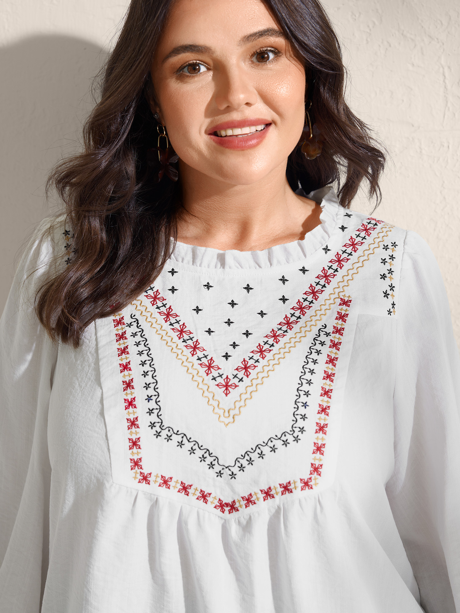 BloomChic Women's Plus Size Boho Embroidered Neckline Ruffled Neck Blouse Ivory Non Vacation 3/4 Sleeve 12/L