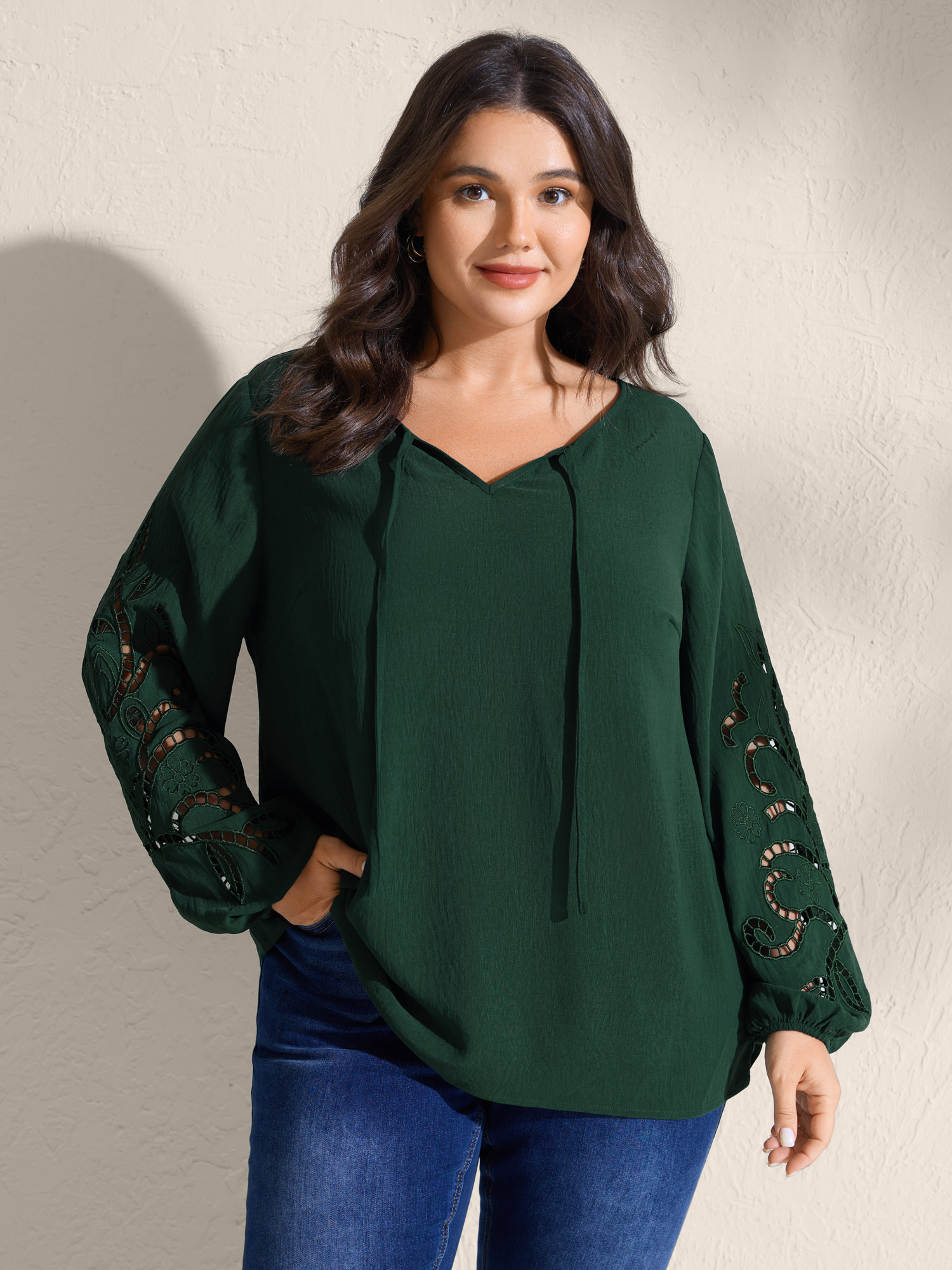 BloomChic Women's Plus Size Embroidered Cut-Out Sleeve Solid Blouse DarkGreen Solid Vacation Long Sleeve V-Neck 10/M
