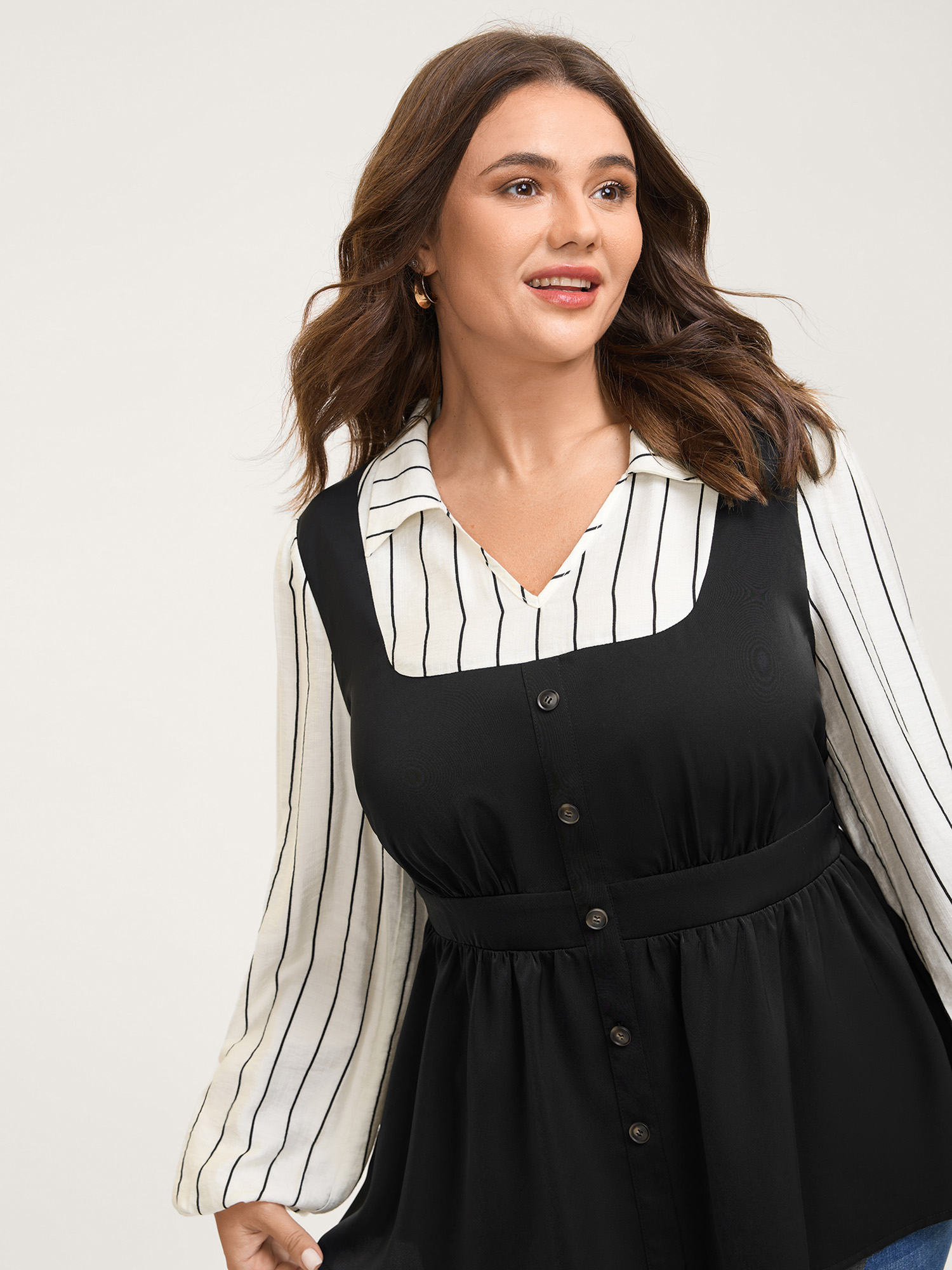 BloomChic Plus Size 2-in-1 Button Vest Striped Blouse - Women's Black Stripes Collared Neck Long Sleeve Office Blouses 14/M