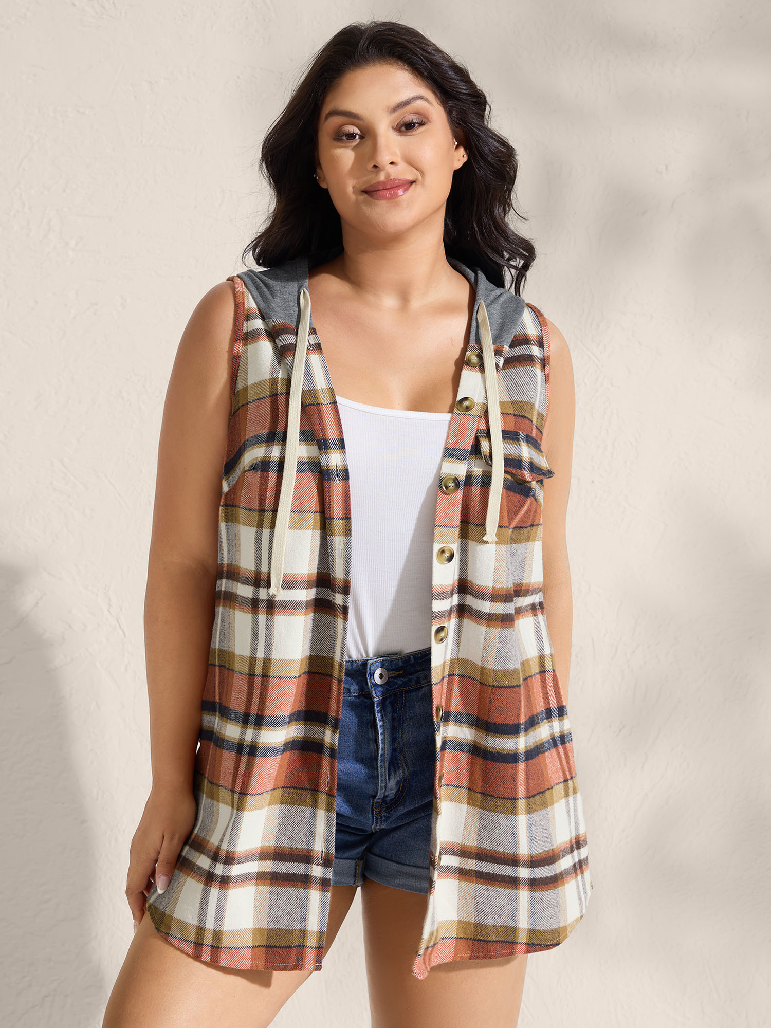 BloomChic Women's Plus Size Plaid Print Color Contrast Hooded Vest Multicolor Colorblock 10/M-image-47310814150826