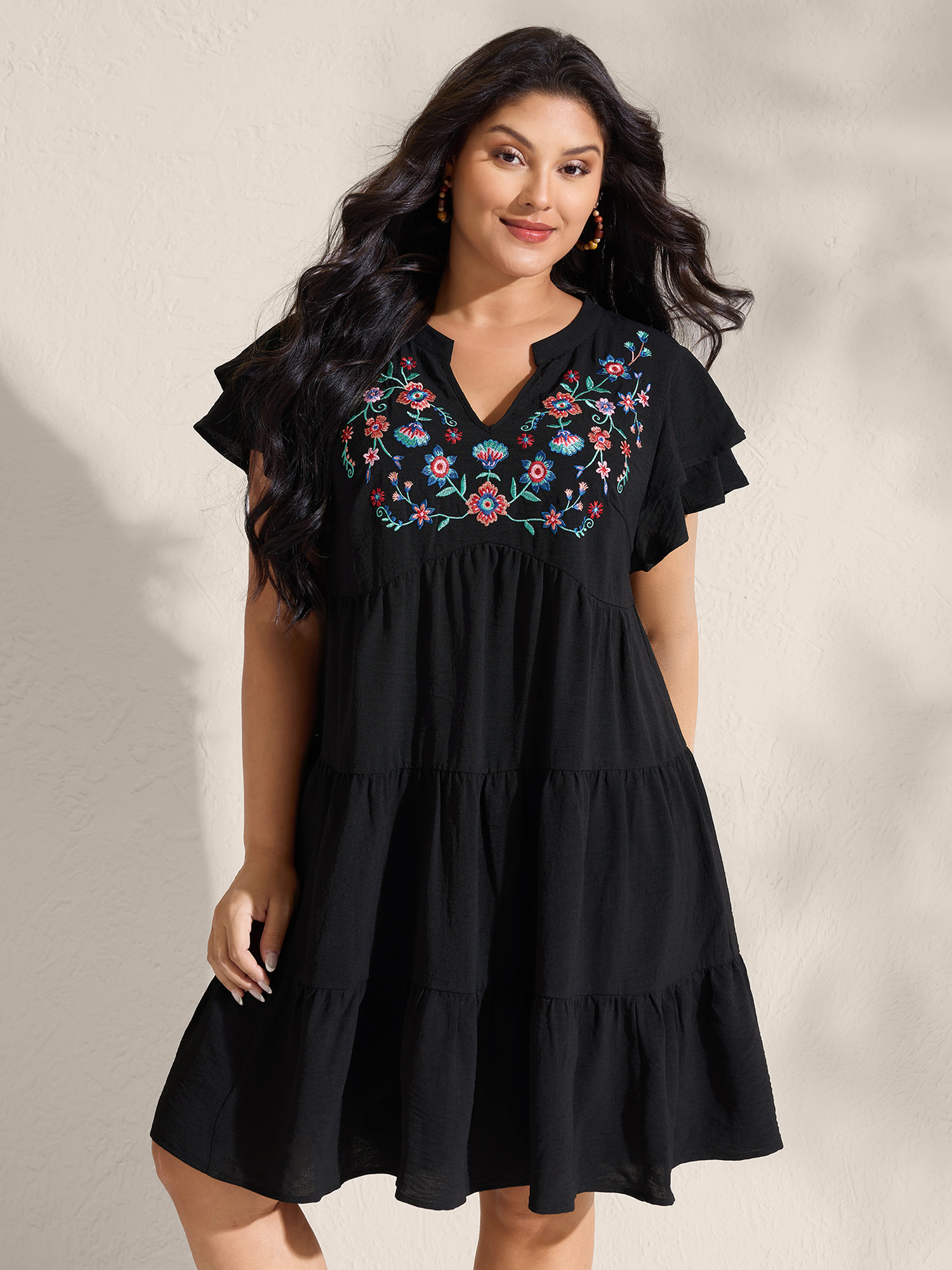 BloomChic Plus Size Embroidered Neckline A-Line Ruffled Knee-Length Dress - Curve Ladies Black Boho Short sleeve Botanical Side seam pocket Daily Dresses 26-28/3X