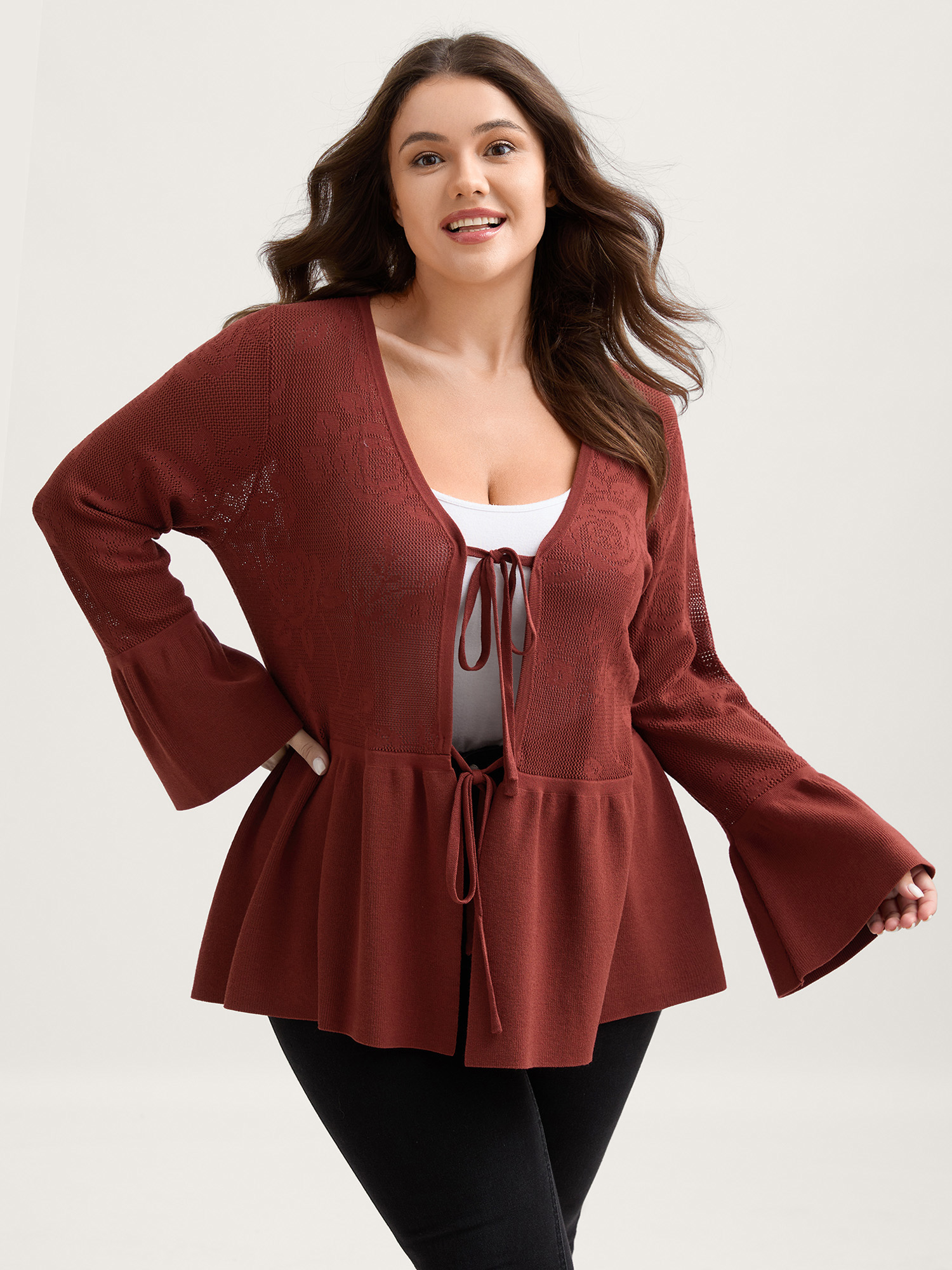 BloomChic Women's Plus Size Eyelet Jacquard Ruffled Hem Knit Cardigan Maroon Long Sleeve 10/M