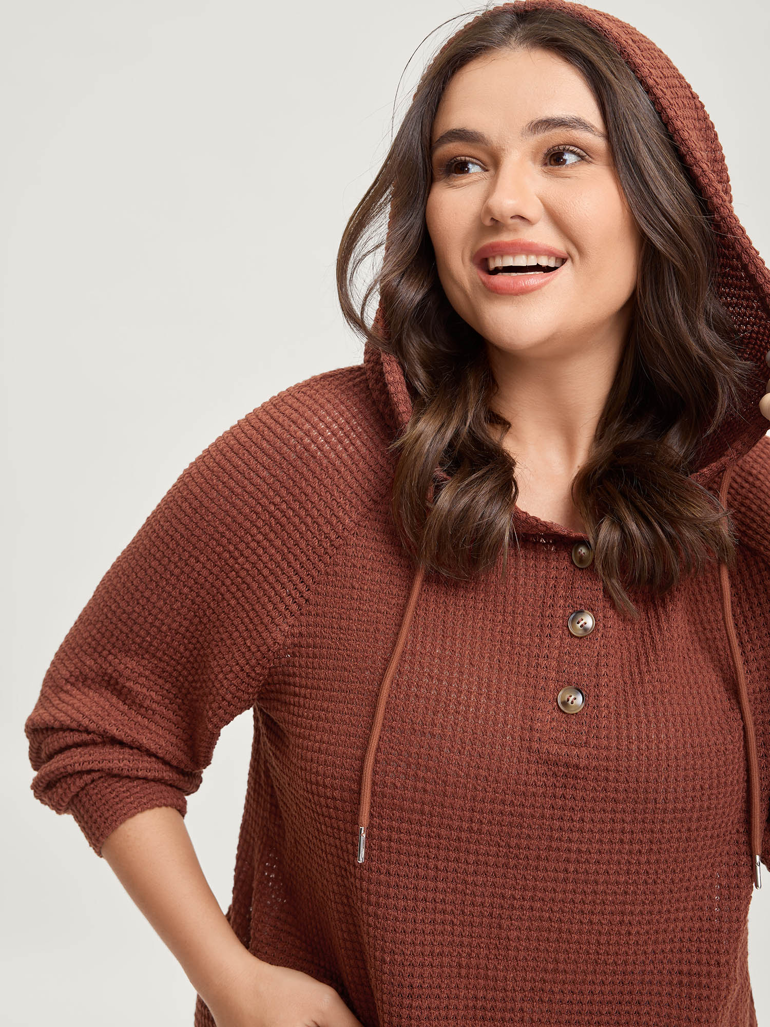 BloomChic Women's Plus Size Textured Hooded Neck-Tie T-Shirt Rosewood Everyday-Casual Extra Long Sleeve 10/M