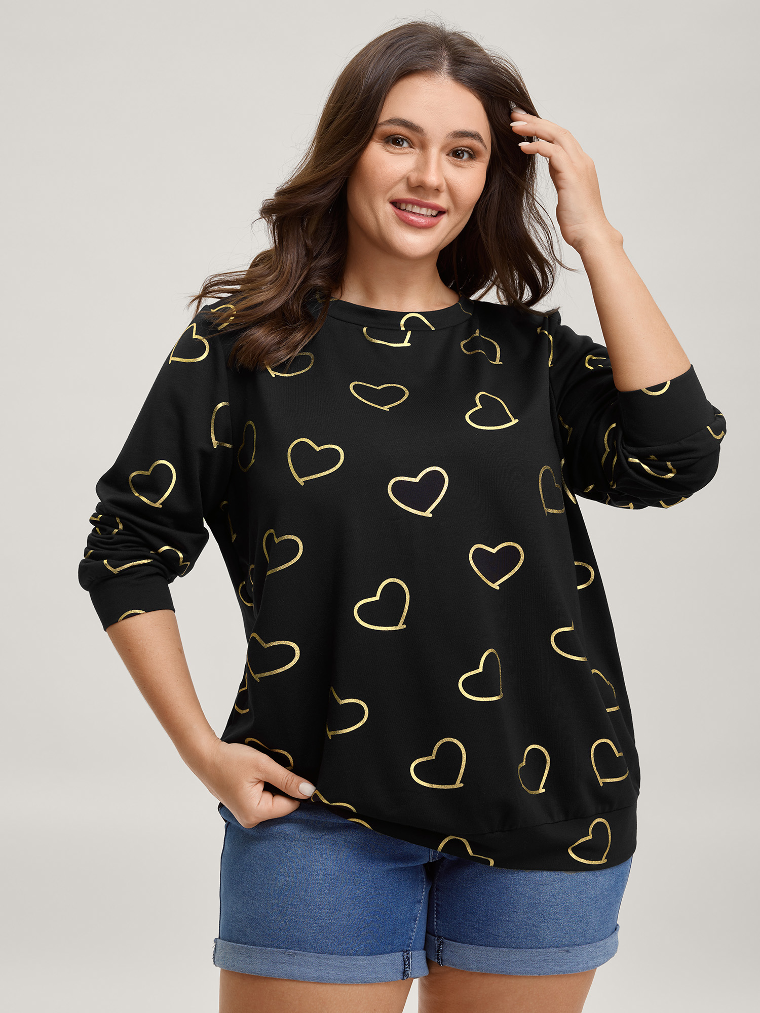 BloomChic Women's Plus Size Glitter Hearts Print Stretchy Sweatshirt Black Everyday-Casual 12/L