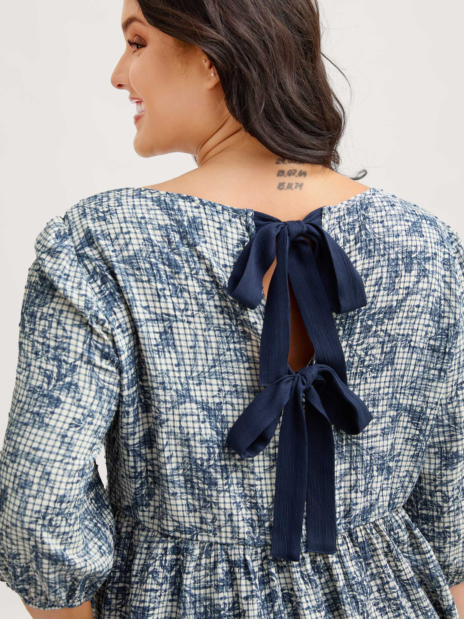 BloomChic Women's Plus Size Check Toile de Jouy Shirred Pattern Blouse DarkBlue Floral Everyday-Casual 3/4 Sleeve 12/L
